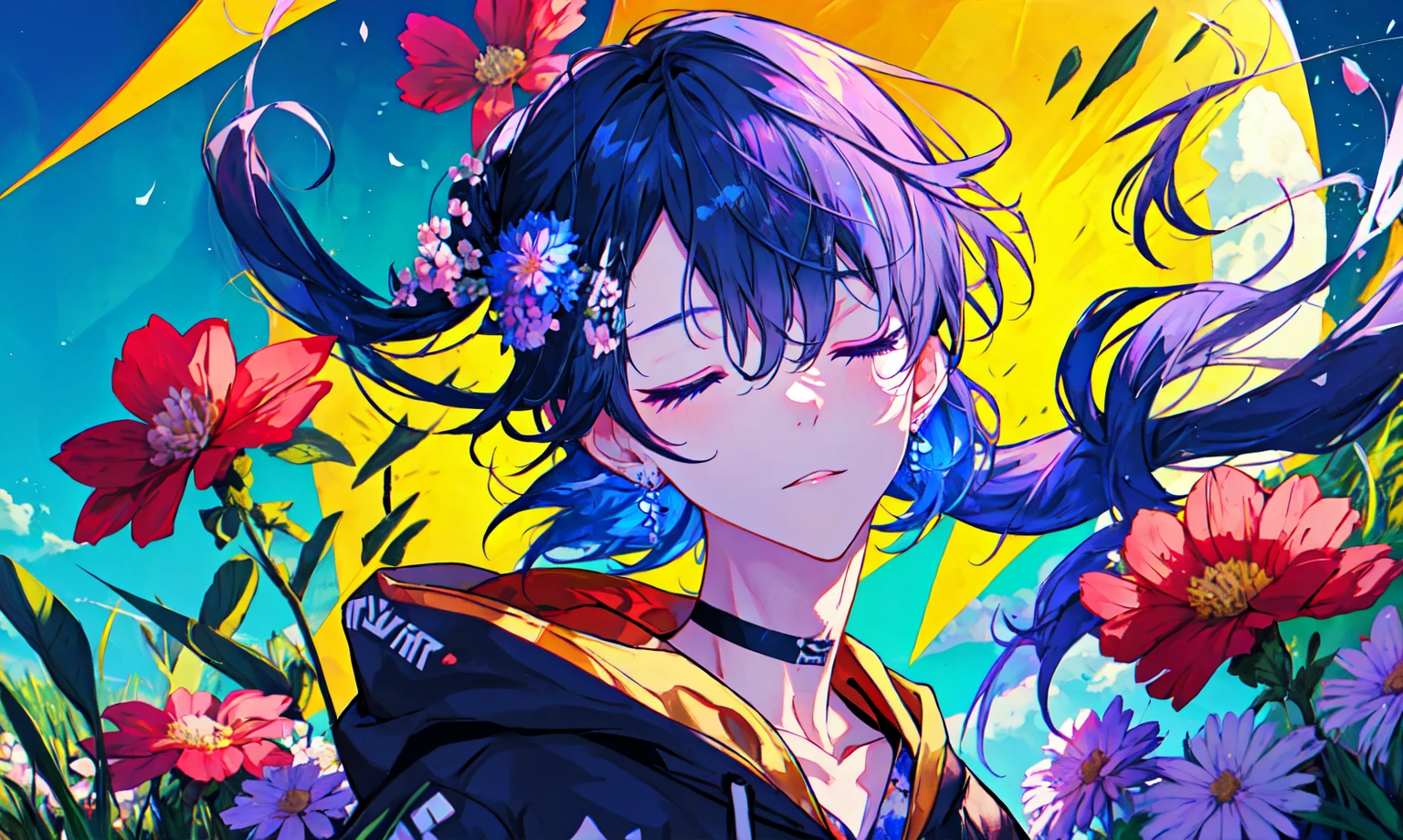 (boy), solo, (perfect face), (detailed outfit), sleeping, (closed eyes), (closed mouth), (sleeping on grass hill), blue hair, hair between the eyes, bangs, long ponytail, (low ponytail), purple eyes, light skin, flatchested, (hoodie, long sleeves, choker), (pants, blue boots), (flower ornament), (earrings), from below, outdoor, (grassy hill), (beautiful sky), (clouds), (flowers), (wildflowers), (bright), (effects), (masterpiece), (best quality), (sharp focus), (depth of field), (high res), (colorful:1.2), vivid, (beautiful lighting),