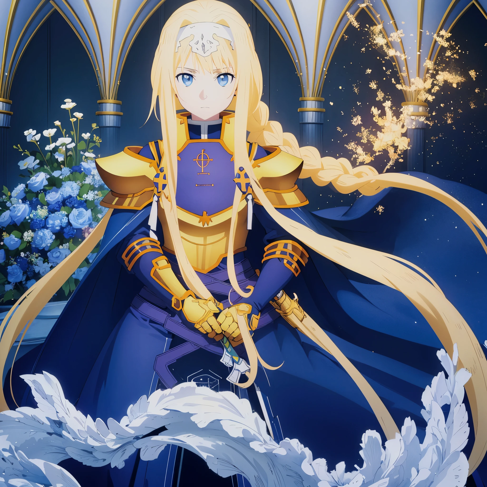 Alicezuberg, Alice Zuberg, bangs, blue eyes, blonde hair, hair between the eyes, very long hair, braid, hair elastic, white hair elastic,, BREAK dress, cape, armor, blue dress, shoulder armor, gauntlets, canes , breastplate, armored dress, flaws, blue cape, knight, gold armor, body armor,, BREAK outside, forest, BREAK looking at viewer, BREAK (artwork:1.2), best quality, high resolution, unity wallpaper 8k, (illustration:0.8), (beautiful detailed eyes:1.6), Extremely detailed face, perfect lighting, extremely detailed CG, (perfect hands, perfect anatomy), 