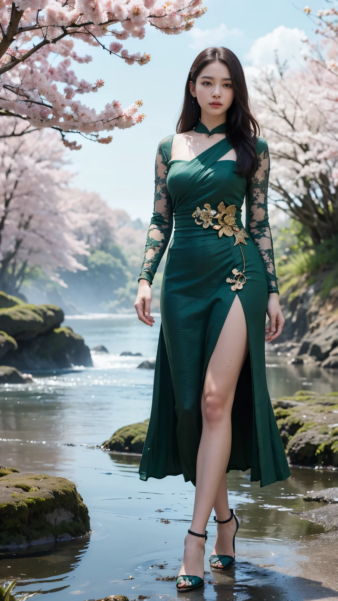 masterpiece, best quality,4girl,young girl, plum_pie eyes, brown, choppy bob,envious _face,shiny skin,medium breasts,nice leg line:1.3, thin waist, red color high heels, Pathway_lined_with_blooming_cherry_blossom_trees, looking at viewer,from below,full body, slim body, perfect face, ((Perfectly insane textured)), ((Perfect proportional object arcithecture)), ((Perfect photo)), ((Super ekstremely detiled)), ((best quality)), ((masterpiece)), (bright young face), (detailed), (full body), (anti aliasing), (standing tightly), (perfect face), beautiful face, nyi roro kidul, wear green kebaya, traditional javanese dress, casting an enchanting huge dragon spell on the waters, summoning her supernatural powers., Mysterious, green eyes, long black hair, realistic, 4K resolution, masterpiece, best quality, detailed, 8k, ultra detailed, flying in the ocean, thunder, dark cloud, looking straight, ultra hd, realistic, vivid colors, highly detailed, UHD drawing, pen and ink, perfect composition, beautiful detailed intricate insanely detailed octane render trending on artstation, 8k artistic photography, photorealistic concept art, soft natural volumetric cinematic perfect light