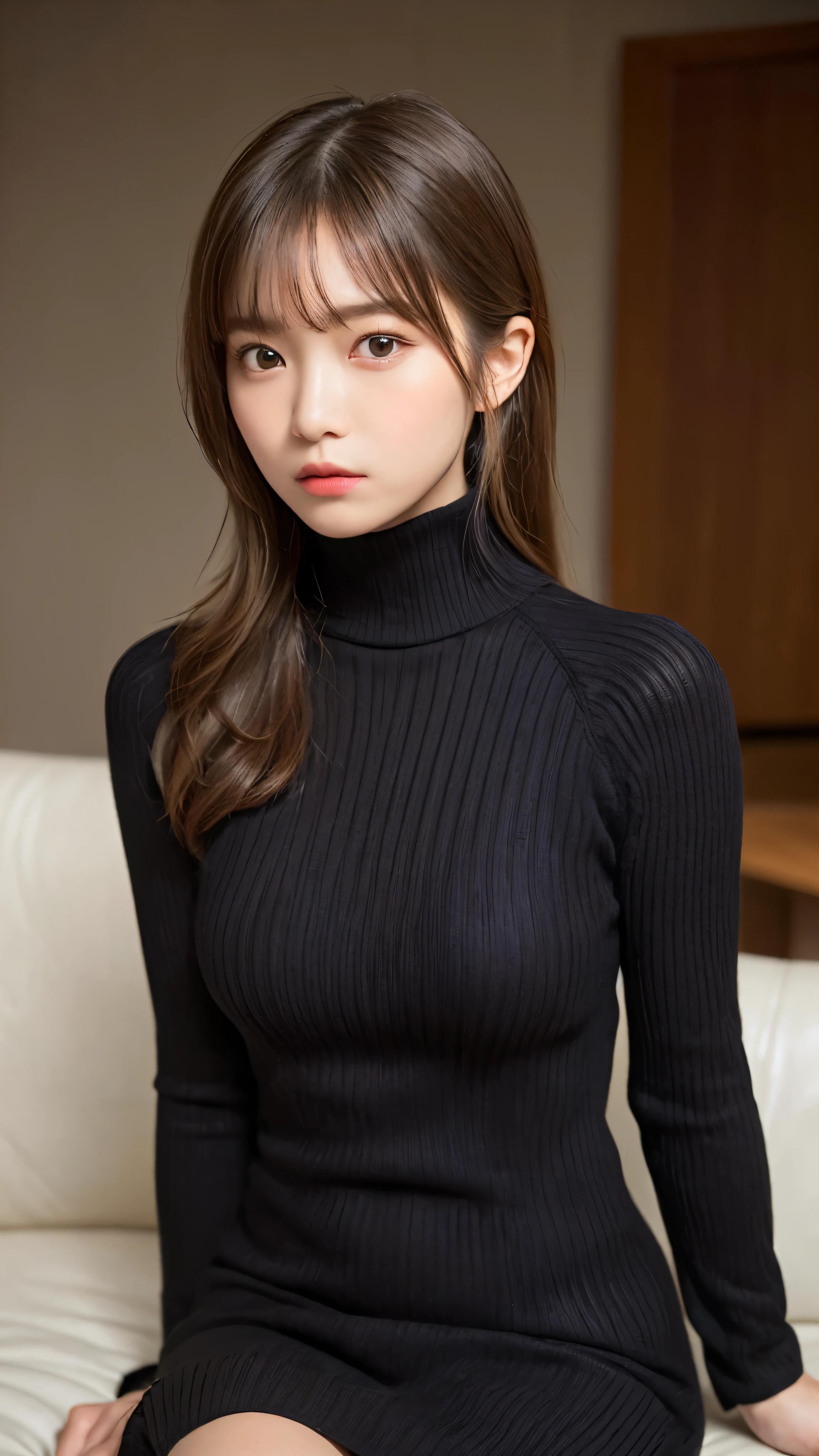 (masterpiece:1.5)、(realistic:1.5)、(highest quality:1.4、8K、RAW photo）、
ultra high resolution、professional lighting、perfect dynamic composition、Shot indoors、
film grain、chromatic aberration、(Bokeh:1.1)、
Frank、Sophisticated、charm、超realistic、high detail、golden ratio、
(1 girl)、slender girl、繊細でcharm女の子、cute woman:1.4、
serious expression、looking at the viewer、various poses、sitting on the sofa、crossed legs、
light brown hair、shining hair、Hair style is ponytail、
skin that looks real、
close your mouth、fine eyes、double eyelid、thin arms、、
(She is wearing a black turtleneck ribbed sweater dress.:1.3)