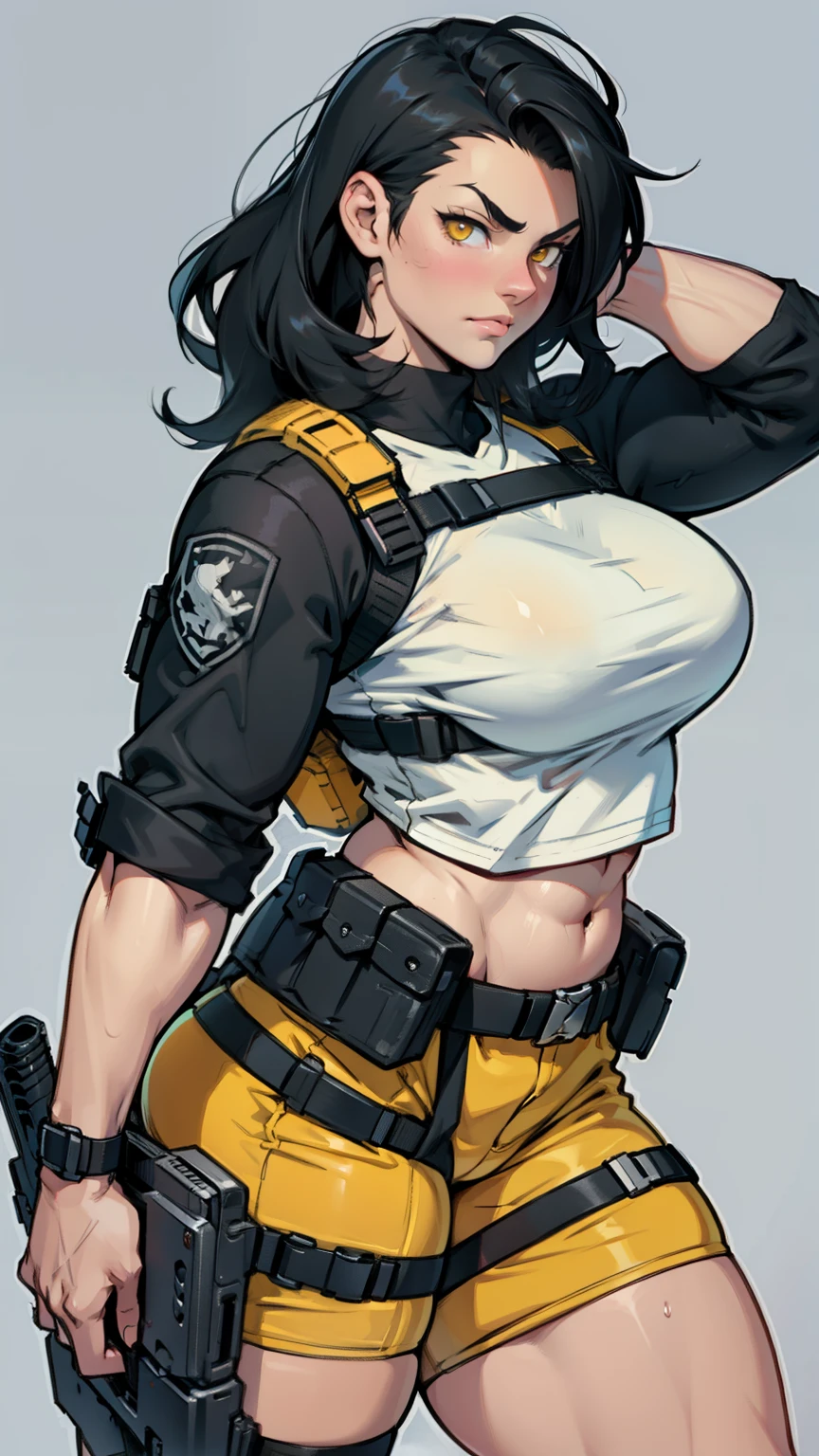 muscular muscular muscular huge breasts huge breasts huge breasts thick thick thick pale skin black hair yellow eyes sad tactical gear dark tactical clothes
