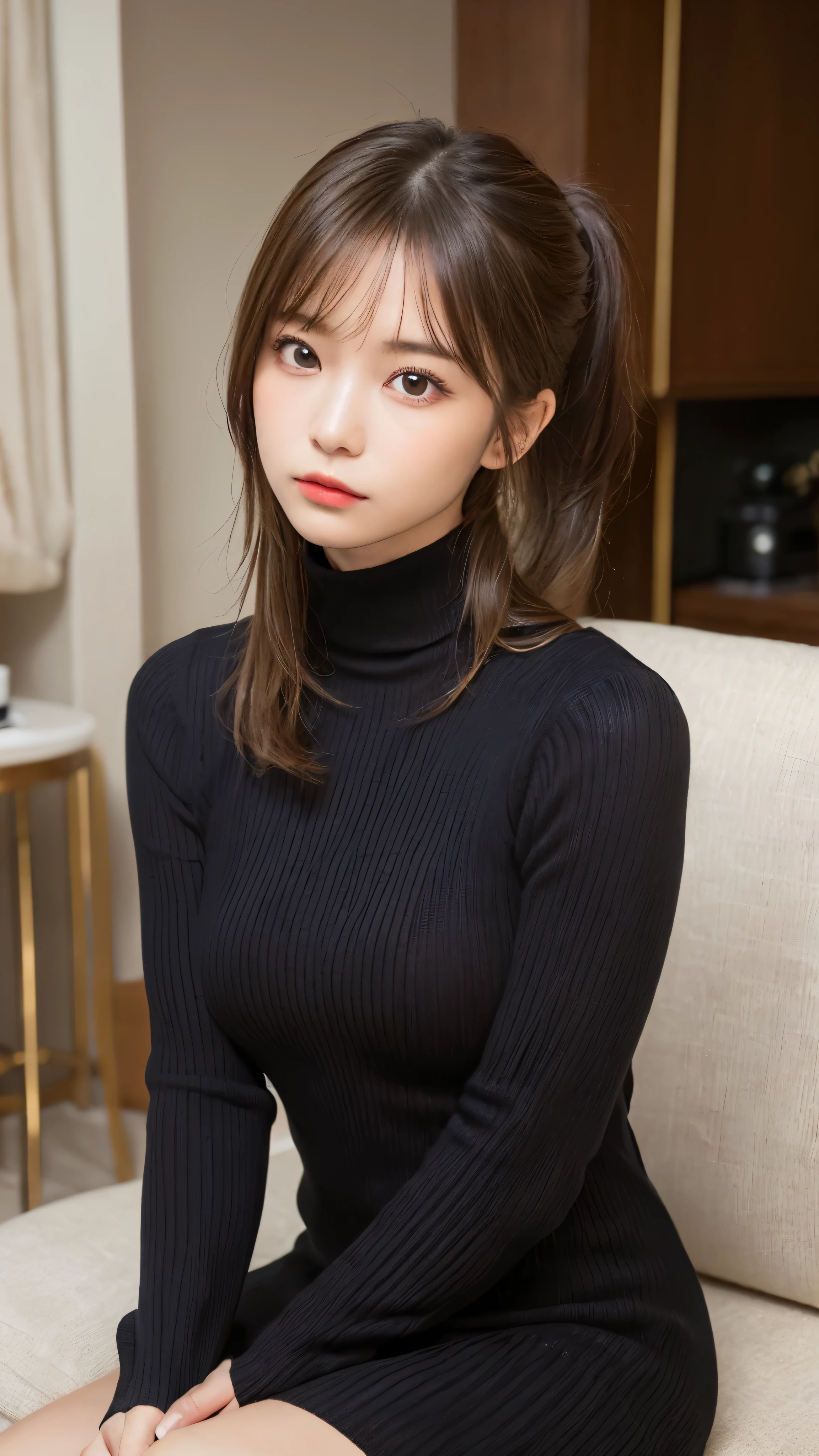 (masterpiece:1.5)、(realistic:1.5)、(highest quality:1.4、8K、RAW photo)、
ultra high resolution、professional lighting、perfect dynamic composition、Shot indoors、
film grain、chromatic aberration、(Bokeh:1.1)、
Frank、Sophisticated、charm、超realistic、high detail、golden ratio、
(1 girl)、slender girl、繊細でcharm女の子、cute woman:1.4、
serious expression、looking at the viewer、various poses、sitting on the sofa、crossed legs、
light brown hair、shining hair、Hair style is ponytail、
skin that looks real、
close your mouth、fine eyes、double eyelid、thin arms、、
(She is wearing a black turtleneck ribbed sweater dress.:1.3)