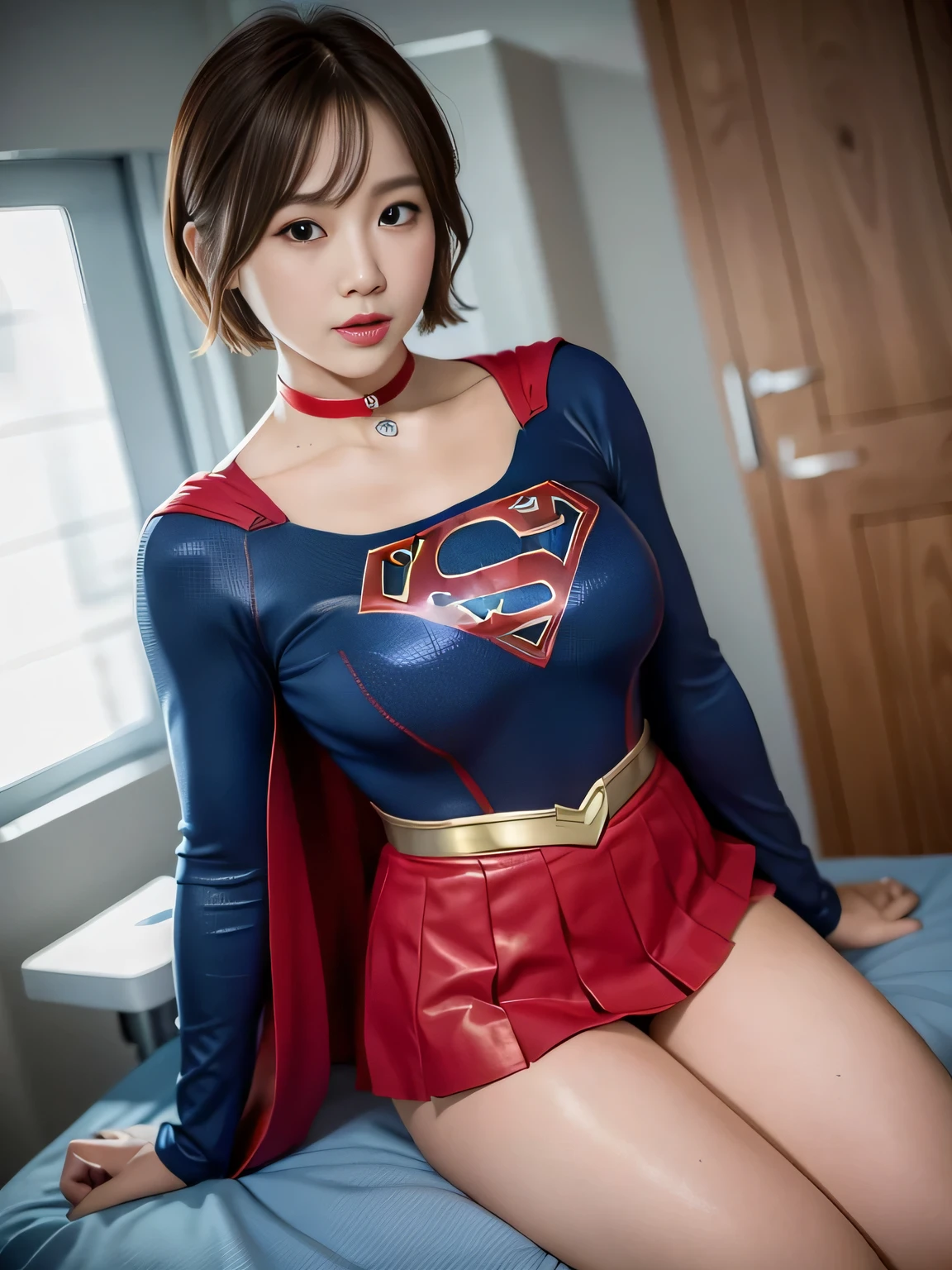 masterpiece、Supergirl costumes、short hair、barefoot、big and full breasts、operating room、operating table、straddle、Tattered、shiny、look at the camera、Seduce、choker、long sleeve、red mini skirt、Cowgirl、Estrus