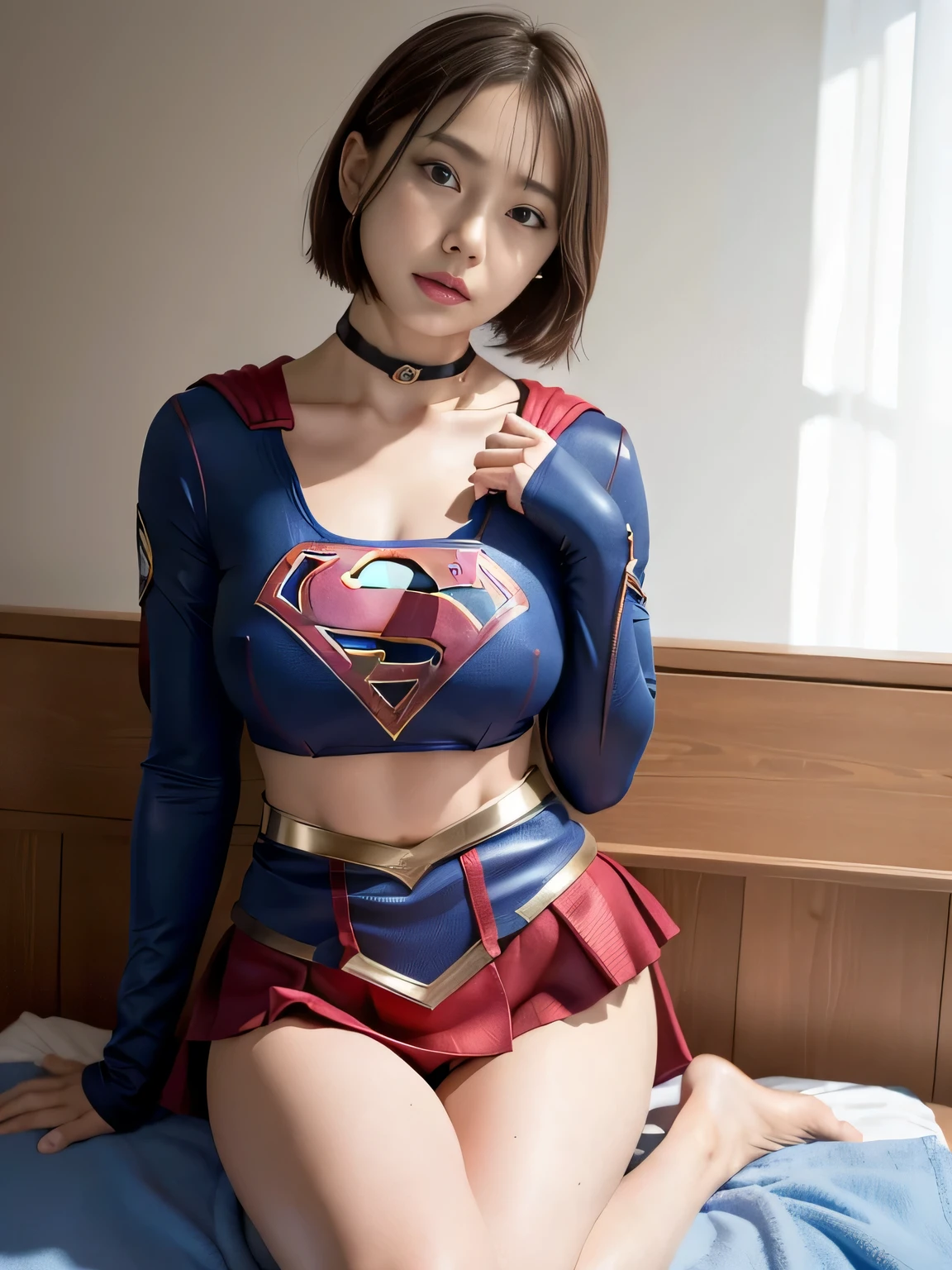 masterpiece、supergirl costume、short hair、barefoot、big and full breasts、operating room、operating table、straddle、Tattered、shiny、look at the camera、Seduce、choker、red mini skirt、long sleeve、Cowgirl、Estrus