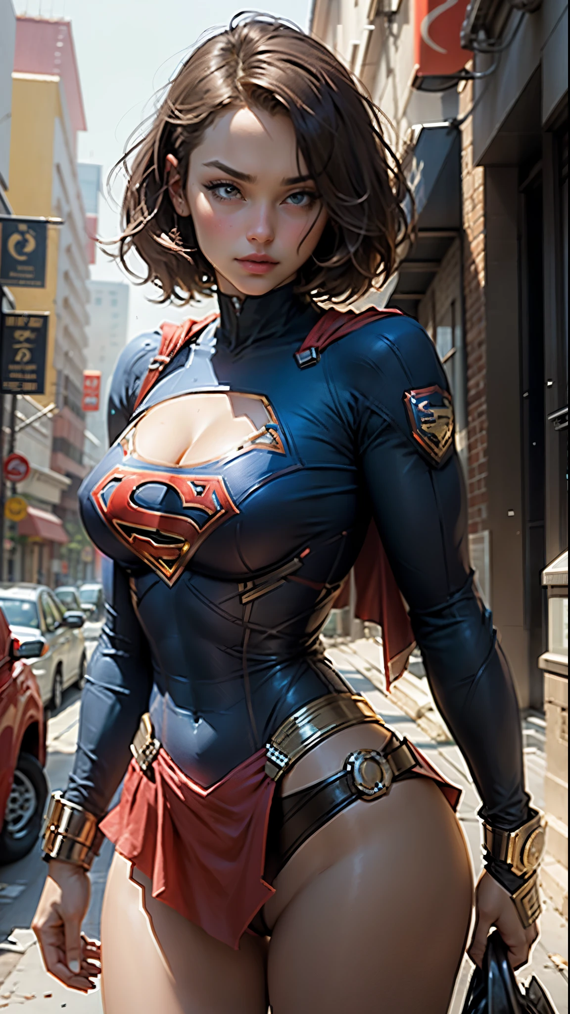 Beautiful woman's short hair defined the body big breasts, wearing Supergirl cosplay