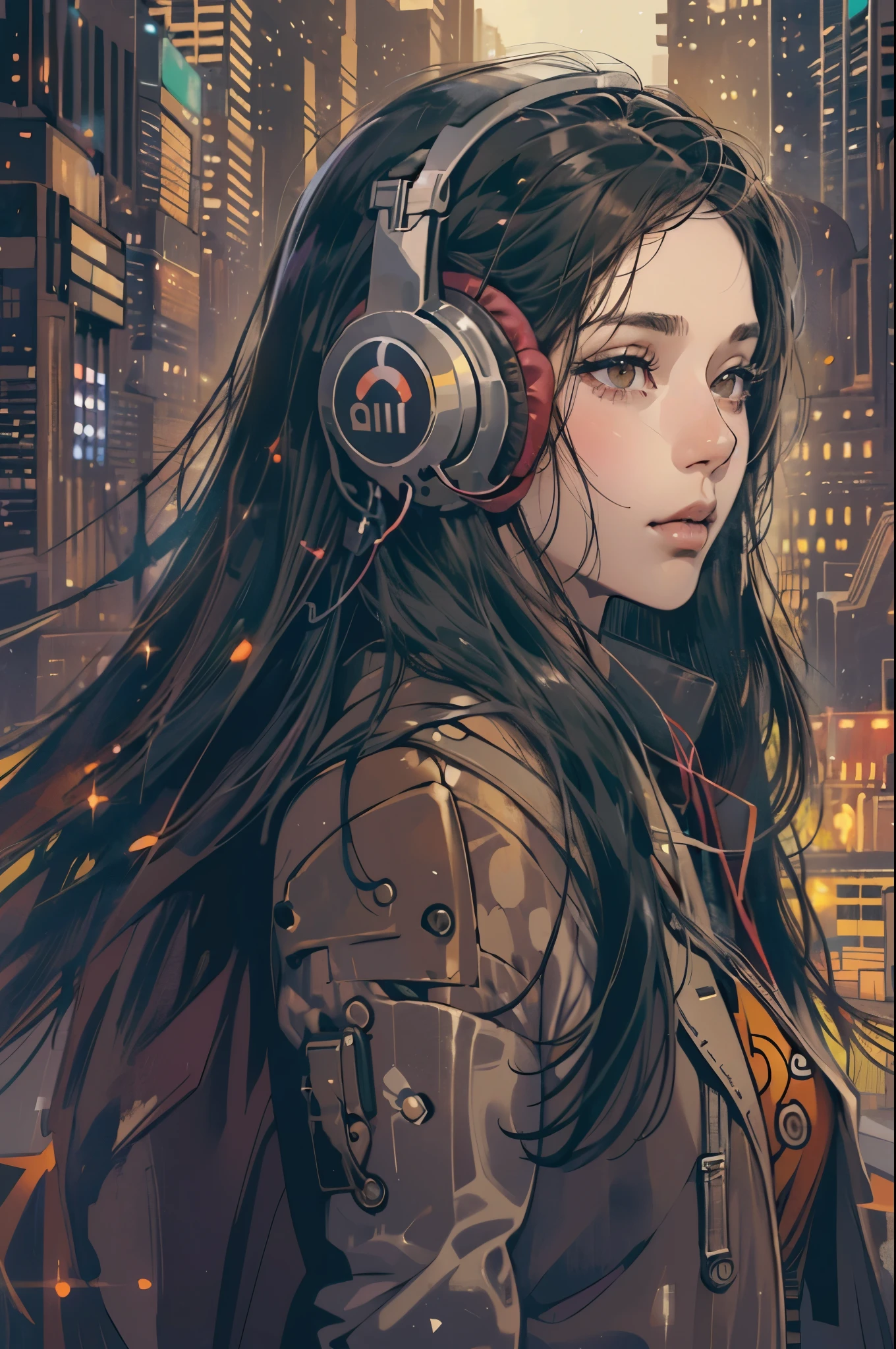 (absurdres, highres, ultra detailed, realistic, ), 1 18 year-old，girl, solo, elegance， long black hair, suits,brown eyes, (headphone)，cyberpunk city background, ultra - detailed, best quality, Detailed diagram, vectorized, 8K,  Graphic design, vector lines, Full-HD，upper body