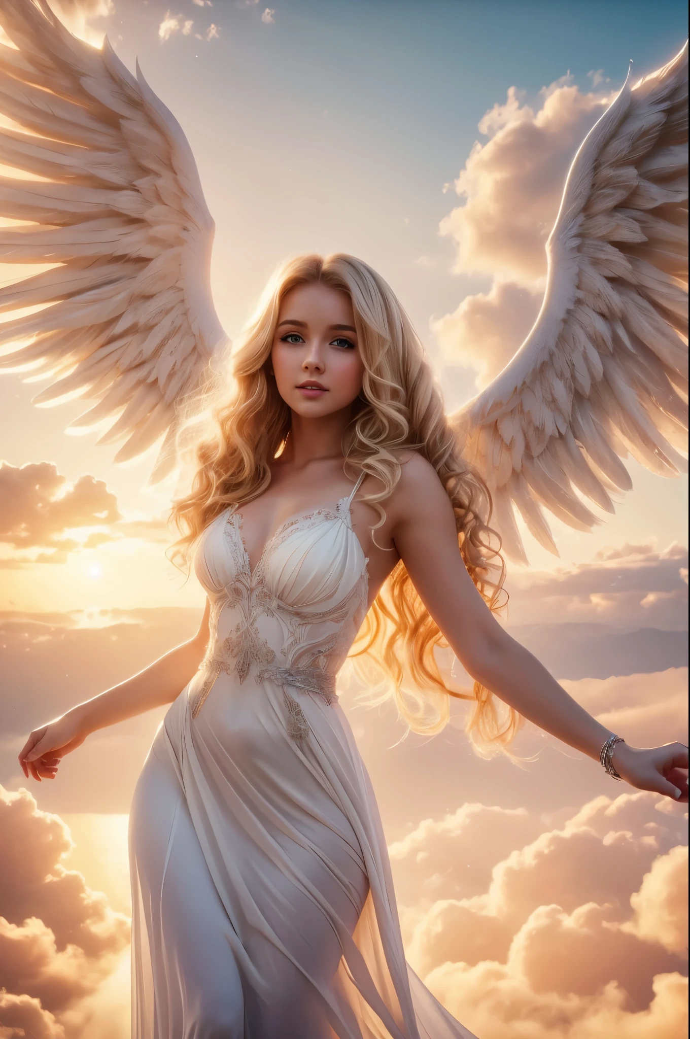LOVELY WINGED WOMAN, FEMALE ANGEL, WHITE PAIR OF HUGE WINGS, ROMANTIC LONG WHITE DRESS, HUGE LONG BLONDE CURLY HAIR, PALE SOFT SKIN, ROSY CHEEKS, FULL BODY VIEW, FRONT PERSPECTIVE, SKY, CLOUDS, DAYLIGHTS, SUNSET, MASTERPIECE