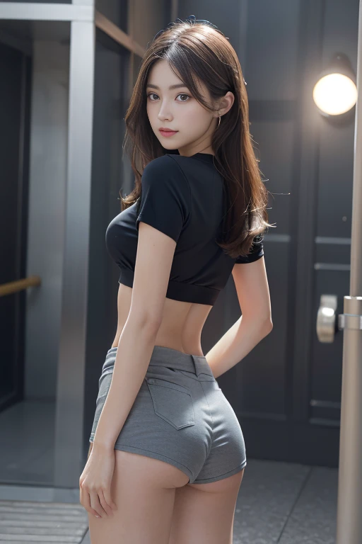 better quality, master piece, High resolution,8K,(realist:1.4),超High resolution,1 love, Super detailed, Hyper Rear Rigid, Highly detailed CG illustration, official art, cinematic light, realist, young and beautiful, perfect bodyフィギュア, perfect bodyフィギュア, full gonzo, perfect body, (It starts with:1.3), pose lascivas, long and sexy legs, Self-insurance, Sexy Gorgeous, gray short sleeves, open abdomen, black super shorts, S-shaped body, upturned butt,pose with,put,different perspectives,Atmospheric distance,high screen,Show leg length