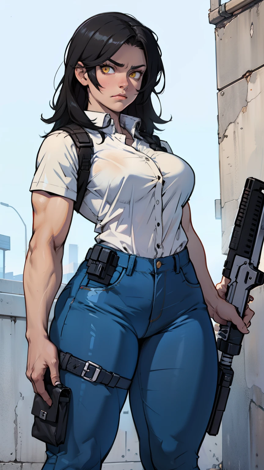 muscular girl thick black hair yellow eyes pale sad weapon holster thick breasts tactical gear tight pants tight shirt