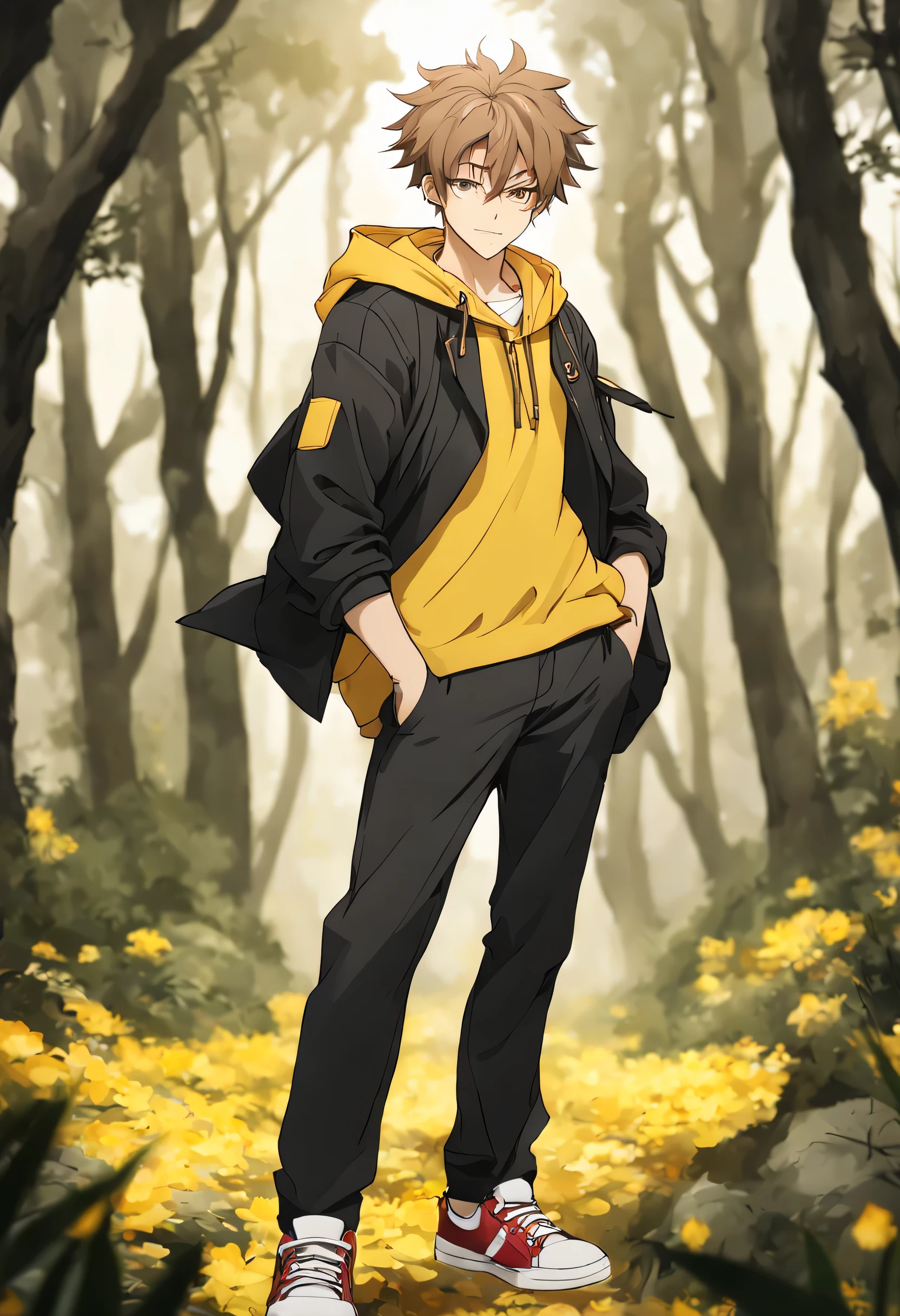 Japanese male, masculine, black jacket with yellow hoodie underneath, brown fluffy hair, good eyes, Black pants, red and white sneakers, serious pose, smirk, solo, masculine, fit build, young adult, standing up, proportional, satchel over shoulder, yellow iris and azure pupils, dark forest background,