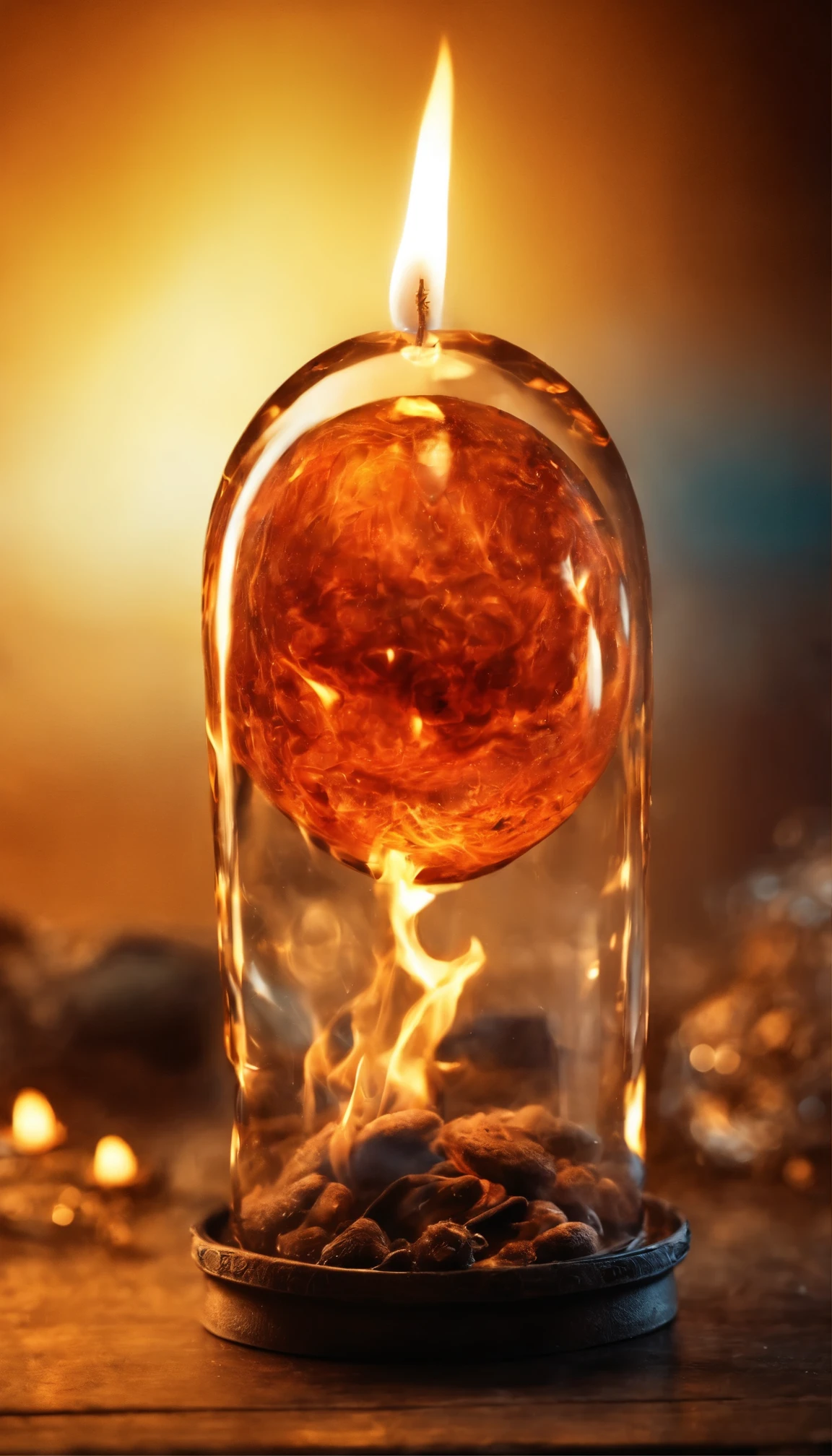 there is a pendant in the shape of a tear, which burns in the dark, Vortex Flame, Molten glass, whirlpools of fire and ice, glass flame, A Flaming Heart, Vortex Flame in background, Casting a Flame Spell, engulfed in Vortex Flame, Fiery Power Swirling Fire, Flame Spell, plasticized spiral flame, glowing magma sphere, Molten, orange candle flame
