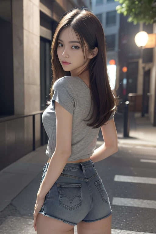 better quality, master piece, High resolution,8K,(realist:1.4),超High resolution,1 love, Super detailed, Hyper Rear Rigid, Highly detailed CG illustration, official art, cinematic light, realist, young and beautiful, perfect bodyフィギュア, perfect bodyフィギュア, full gonzo, perfect body, (It starts with:1.3), pose lascivas, long and sexy legs, Self-insurance, Sexy Gorgeous, gray short sleeves, open abdomen, denim super shorts, S-shaped body, upturned butt,pose with,put,different perspectives,Atmospheric distance,high screen,Show leg length