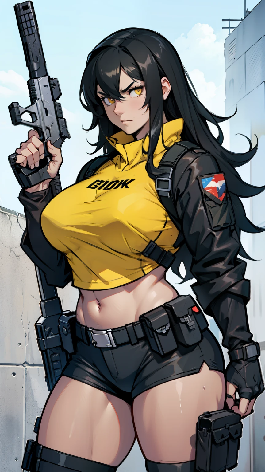 (((Cabelo longo))) black hair yellow eyes pale skin muscular girl huge breasts jacket, holster, gun holster, bondage gear, choker, headband, pantyhose, harness