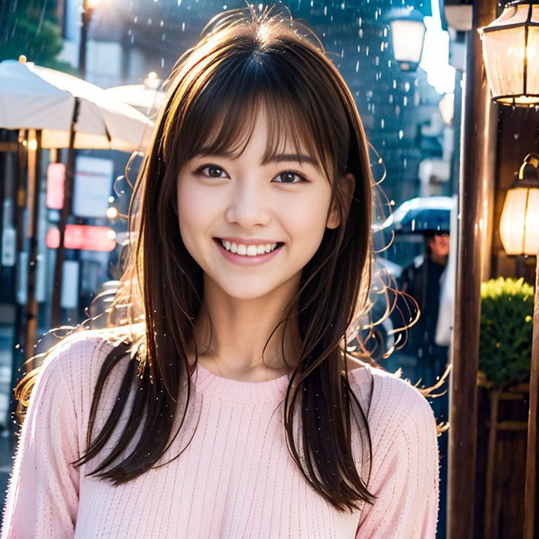 (((Only one woman)))、best image quality, high quality, 8K, (realistic pictures:1.4),whole bodyショット,((Brand Shop)))、daytime rain、Shopping bags come in luxurious colors、((Shopping)) 、(Light pink long-sleeved dress), (((noon rain))), beautiful expression, Eye and face details, japanese woman、20 year old female、white skin、realistic eyes、F cup big、beautiful and detailed eyes、gentle smile、medium long hair、gentle smile, (beautiful lighting:1.3), Super detailed, whole body, high quality, High resolution、noon rain、Shopping bags come in luxurious colors、