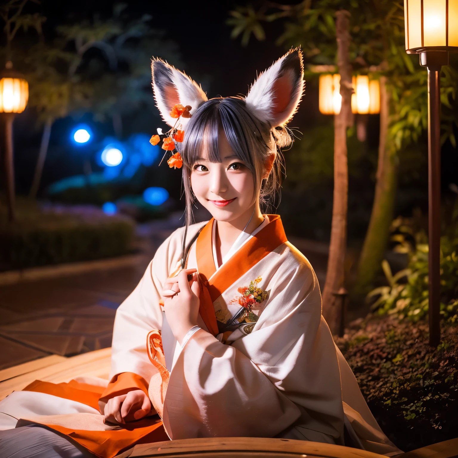((masterpiece:1.4, highest quality)), ((masterpiece, highest quality)),girl sitting in a Japanese garden, Featuring white,Red and orange lights,wearing a futuristic kimono,gray hair,red eyes,smile,fox ears,Fallen leaves,night、Three-headed body