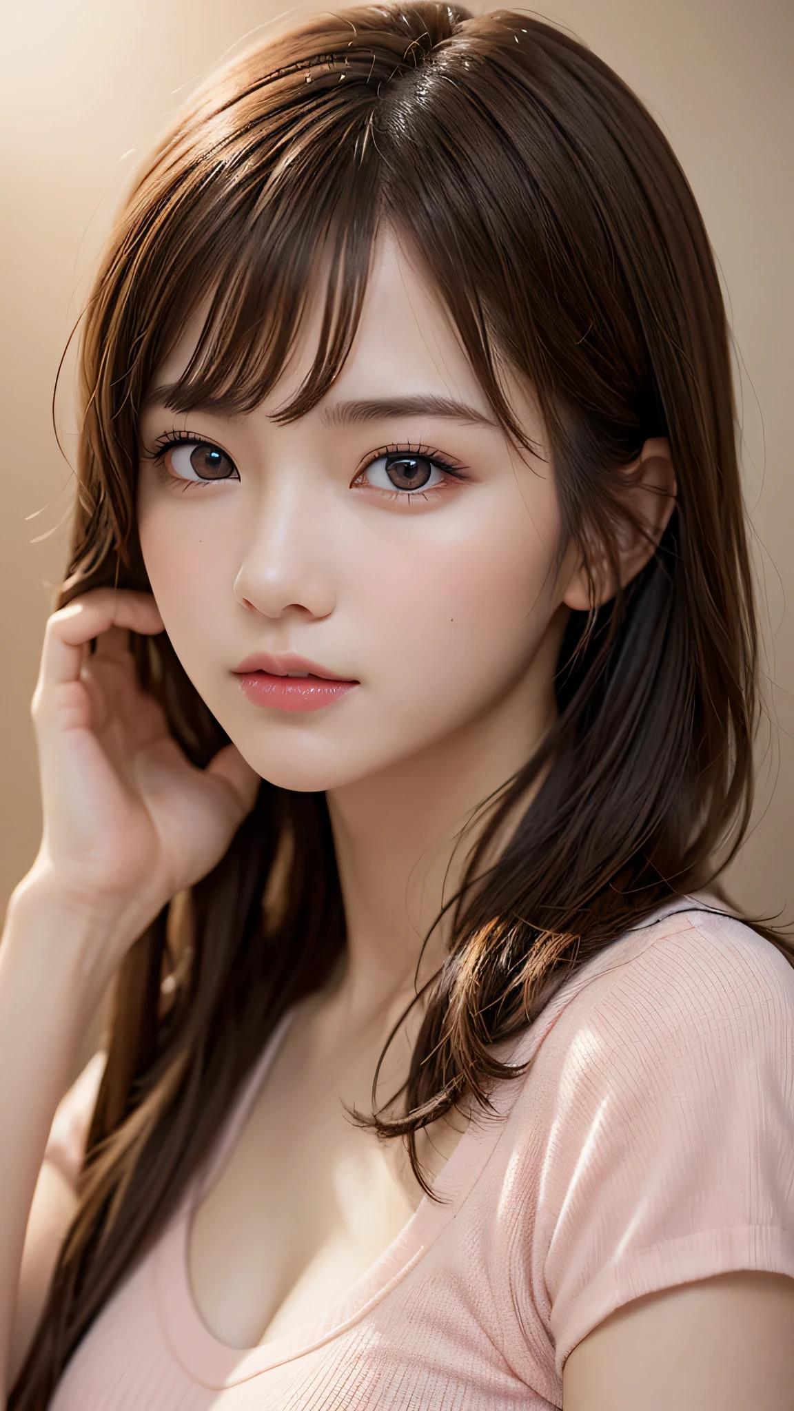 ((1girl)), ((Best Quality)), (Ultra-detailed), (extremely detailed CG unified 8k wallpaper), Highly detailed, High-definition raw color photos, Professional Photography, Peanut butter brown hair, Amazing face and eyes, Pink eyes, (amazingly beautiful girl), School, 