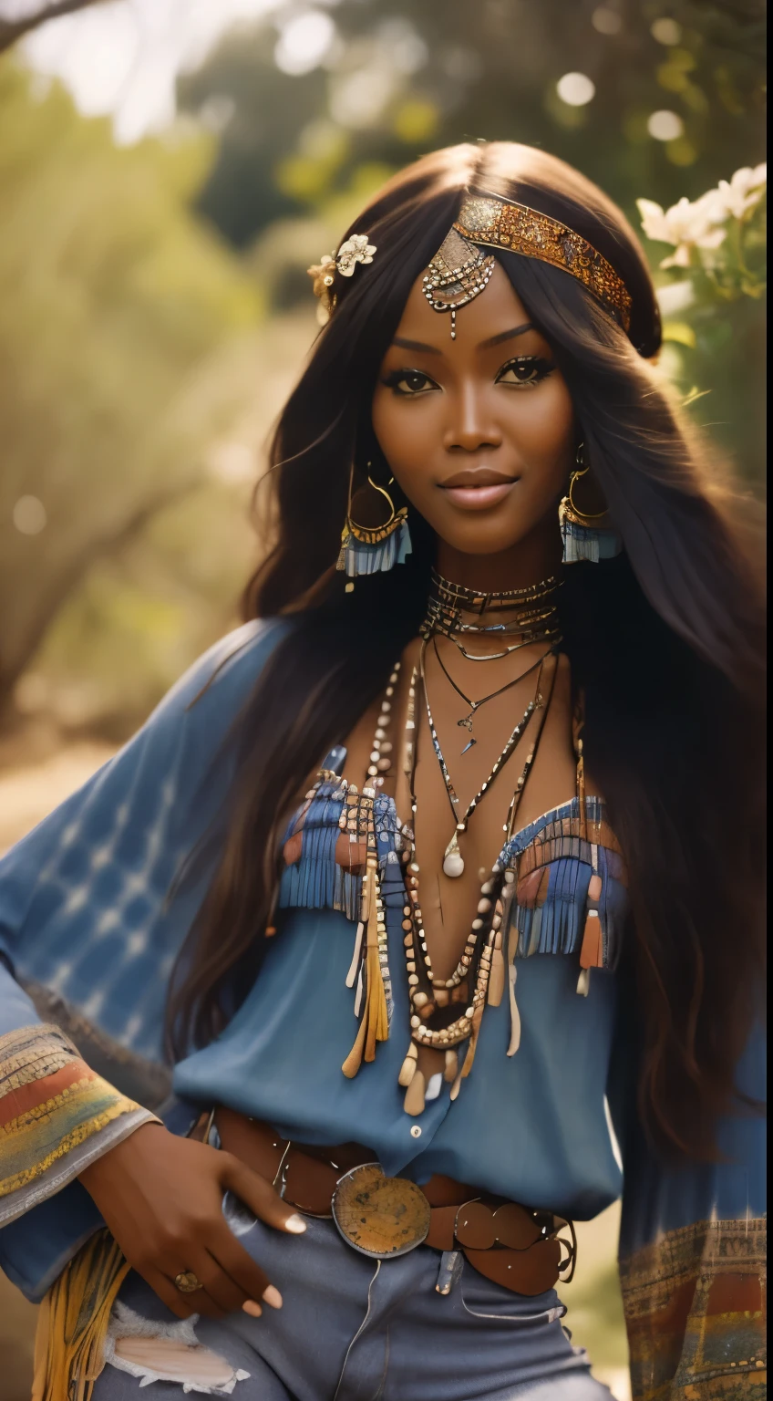 Foto hiperrealista en primer plano de Naomi Campbell, dressed in a tie-dye blue blue blouse paired with bell-bottom jeans and fringe accessories. She wears a headband or flower crown in her long, flowing hair. The setting is a bohemian-inspired outdoor music festival or a peaceful nature backdrop, capturing the free-spirited and laid-back vibe of the era 60Retro69Punch75, beautiful woman, skinny, medium breasts, black long hair, detailed face, smile, facing the camera, photo taken from a distance, age of 18 years old