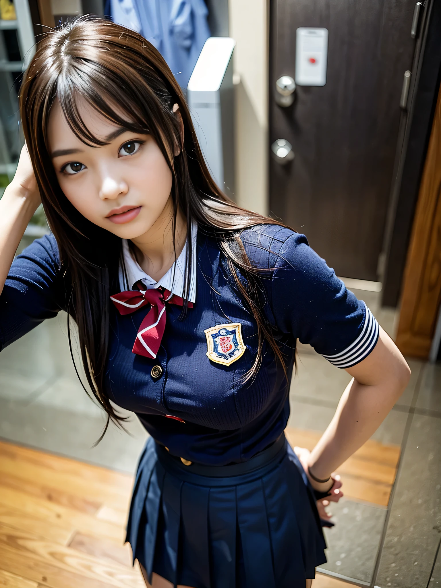sailor suit、school uniform、A beautiful girl in the world、Glossy skin、sparkle on the cheeks、bangs between the eyes、光沢のあるシルクと非常に長くてまっすぐなbeautiful天然ブロンド、eyeliner、Sexy and beautiful 29 years old、High resolution, big, beautiful, bright light blue eyes、Beautiful and bright girl、sharp、