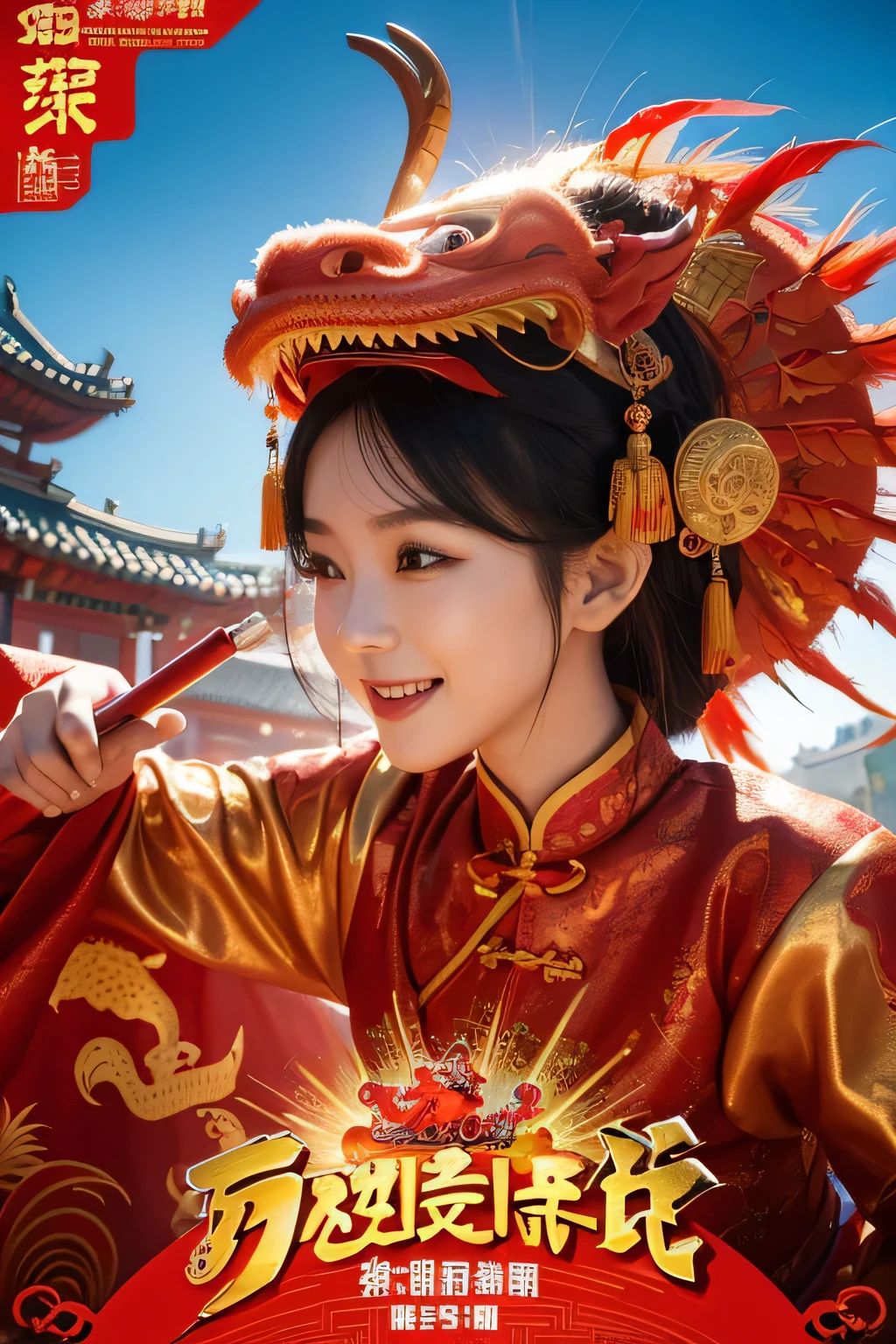 CNY,Chinese girl wearing dragon dance costume,The head emerges from the dragon'mouth and smile,There is also a dragon in the background,Chinese streets,poster design、best quality, The best artwork, A variety of bright colors, Creative,natural soft light, tonal,HD real people