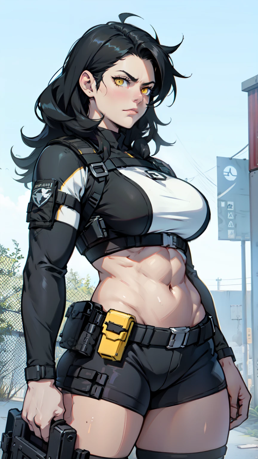 muscular girl thick black hair yellow eyes pale sad weapon holster thick perky breasts tactical gear