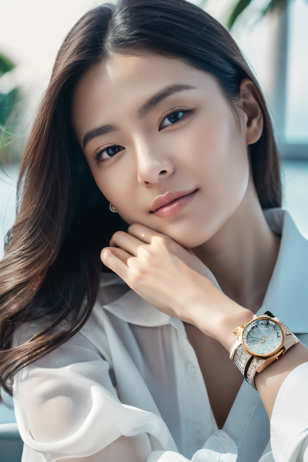 (master piece)、RAW、photorealistic、real photos、8K,
A luxurious and chic wristwatch on the cuff of a white shirt、The face of the beautiful woman next to me is reflected through the beautiful glass surface with a second hand and engravings.、Full close-up of the watch