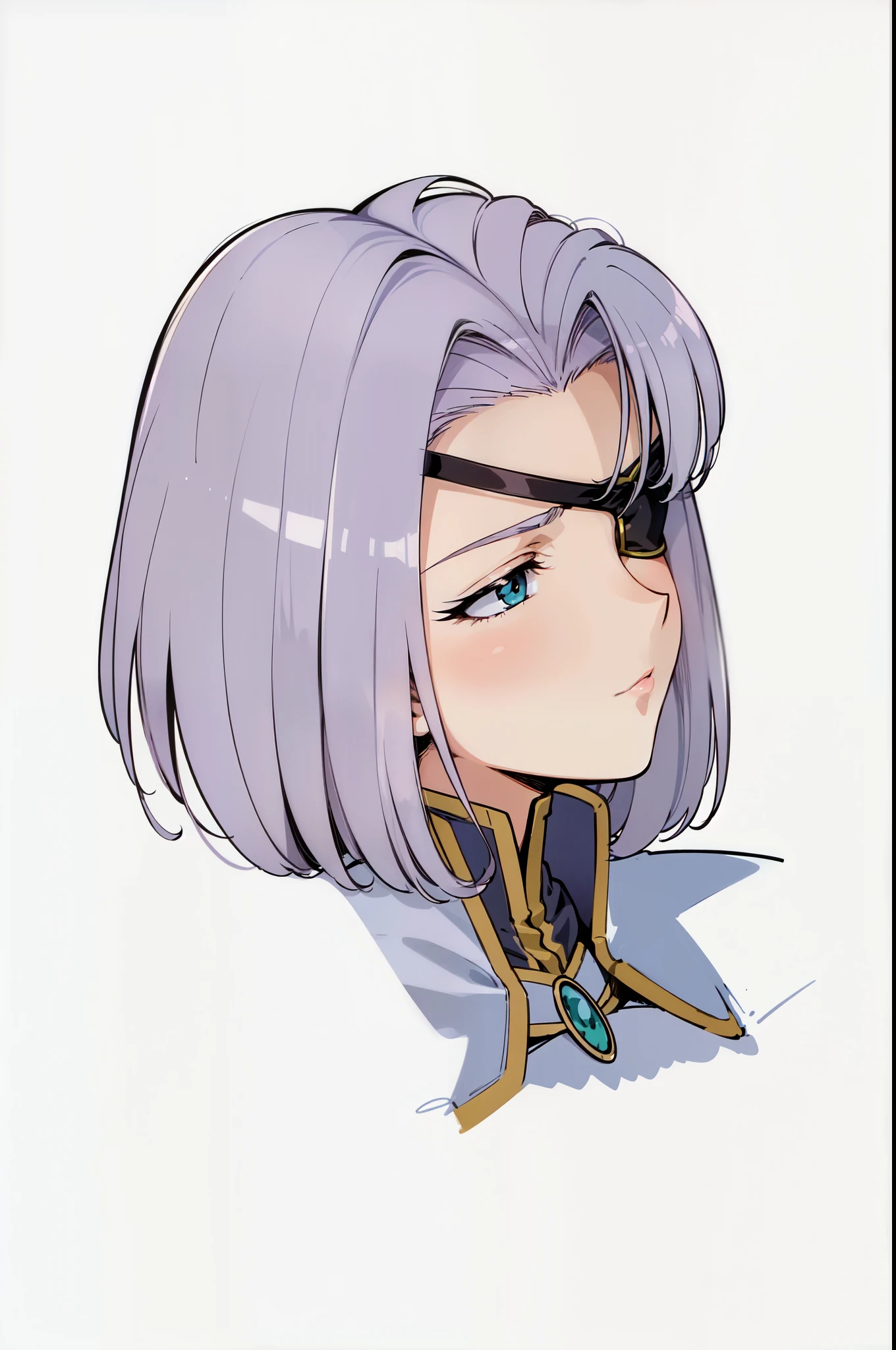 urushihara satoshi,, highly detailed,flat color,best quality,elegant standing,masterpiece,,urushihara satoshi,1girl,,1980s \(style\), normal proportion,((masterpiece)),(((best quality))),DETAILED FACE, 1girl, solo,(((middle part hair))),purple hair,short hair,retro artstyle,,green crystal,best shadow,sillhouttes lighting,sword,upper body,(girl:1.3),(((urushisato))),,4k,sharp,eyepatch,buat dengan gaya 80s anime,buat rambutnya menutupi kuping,buat gaya rambutnya seperti android 17 dragon ball,muka wanita dewasa,buat dia seperti umur 25tahun,memegang pedang,memakai penutup mata,