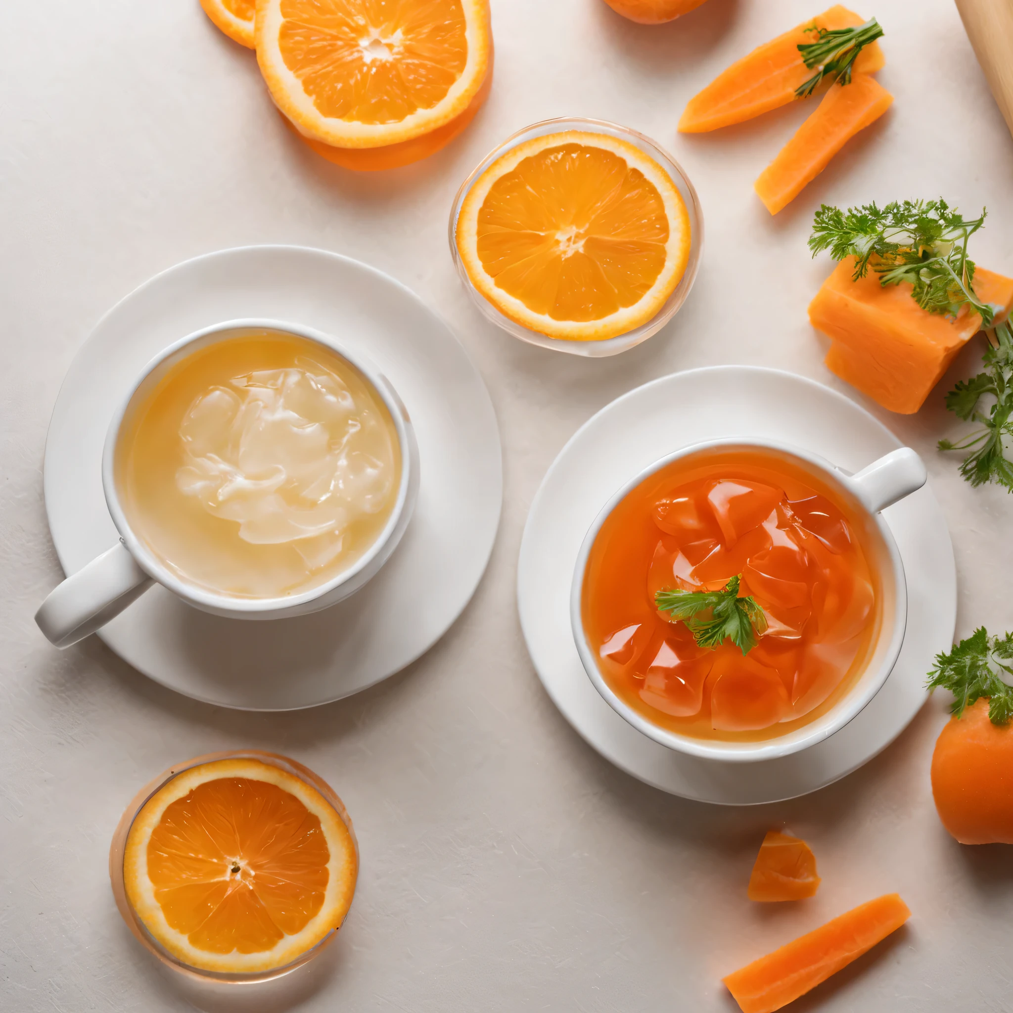 Photo Food product advertising,Top View, Carrot and orange flavored jelly, on the kitchen table in a clean white cup