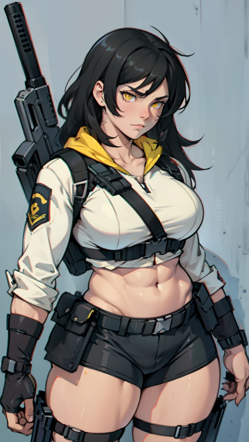 muscular girl thick thighs black hair yellow eyes pale sad weapon holster thick perky breasts tactical gear
