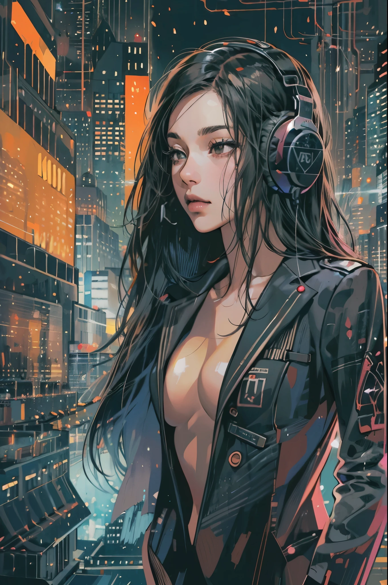 (absurdres, highres, ultra detailed, realistic, ), 1 18 year-old，girl, solo, elegance， long black hair, suits,brown eyes, (headphone)，cyberpunk city background, ultra - detailed, best quality, Detailed diagram, vectorized, 8K,  Graphic design, vector lines, Full-HD，full body