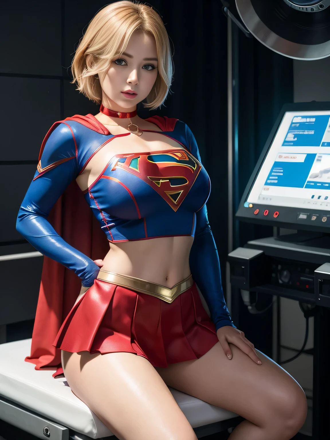 master piece,Supergirl costumes, short hair, barefoot, big and full breasts,operating room、operating table、straddle、corrupted、shiny、look at the camera、choker、long sleeve、red mini skirt