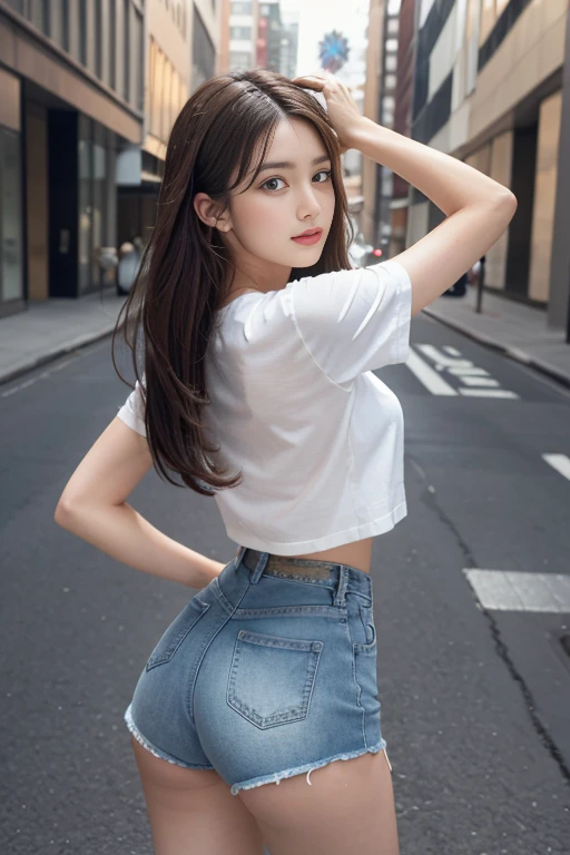 better quality, master piece, High resolution,8K,(realist:1.4),超High resolution,1 love, Super detailed, Hyper Rear Rigid, Highly detailed CG illustration, official art, cinematic light, realist, young and beautiful, perfect bodyフィギュア, perfect bodyフィギュア, full gonzo, perfect body, (It starts with:1.3),cornrow hair, pose lascivas, long and sexy legs, Self-insurance, Sexy Gorgeous, gray short sleeves, open abdomen, blue denim super shorts, S-shaped body, upturned butt,pose with,put,different perspectives,Atmospheric distance,high screen,Show leg length,perfect fingers