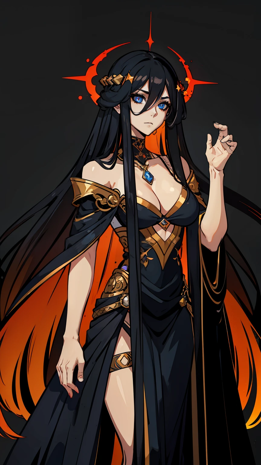 (high-quality, breathtaking),(expressive eyes, perfect face) 1female, female, solo, adult, long curly length hair, dark black color, glowing hair, red and orange lighting in hair, unkept hair, dark blue eyes, soft smile, Roman clothing, Greek clothing, black shawl, dark blue long dress, Black Hole Chan character, space background, portrait, magic, elegant, gorgeous flowing curly hair, stars in hair, loose hair, Dark Black Skin, Alluring, Enchanting, black sclera, Nyx Hades