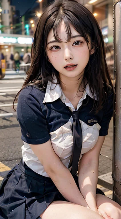 (masutepiece, Best Quality:1.2), 8K, 18year old, 85 mm, Official art, Raw photo, absurderes, White dress shirts, Pretty Face, close up, Upper body, violaceaess, gardeniass, Beautiful Girl, School uniform, (Navy pleated skirt:1.1), Cinch West, thighs thighs thighs thighs, Short sleeve, on train, Sit on a bench seat, Looking at Viewer, No makeup, (Smile:0.4), Film grain, chromatic abberation, Sharp Focus, face lights, clear lighting, Teen, Detailed face, Bokeh background, (dark red necktie:1.1)、Colossal tits