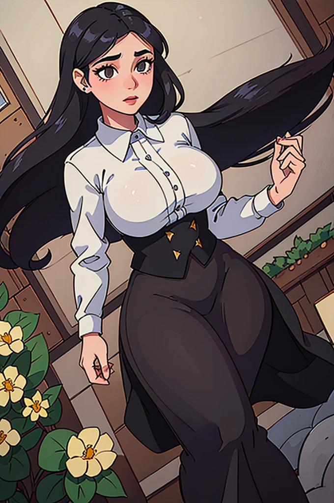 At classroom, female teacher, best quality,ultra-detailed,realistic,portrait,beautiful detailed eyes,beautiful detailed lips,extremely detailed eyes and face,long eyelashes,young woman,garden background,straight black hair,brown eyes,lovely face,busty woman,curvy woman, big ass, slim waist,formal attire,kind expression,vibrant colors,bright lighting