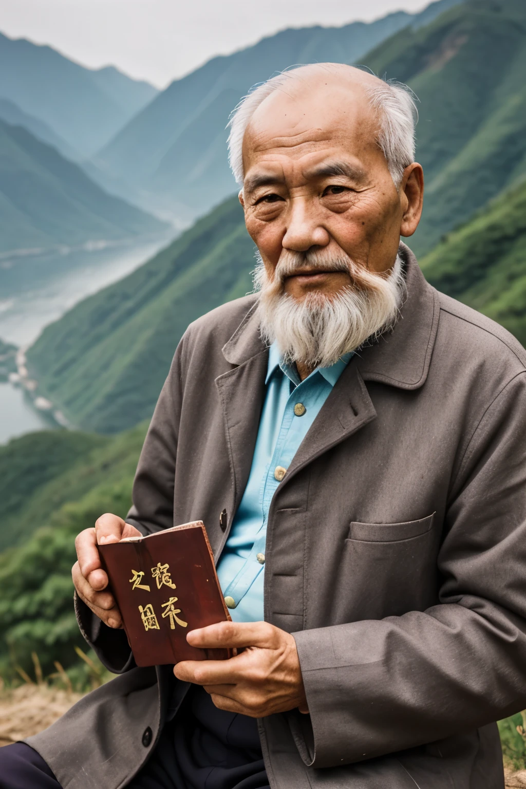 An old man with traditional Chinese thoughts，Real frontal photos，Authentic background，The background is nature，holding books，worn-out clothing，The face is covered with wrinkles，80-year-old Chinese medicine practitioner，insight，The beard has turned white，male，country style，Keep your head empty