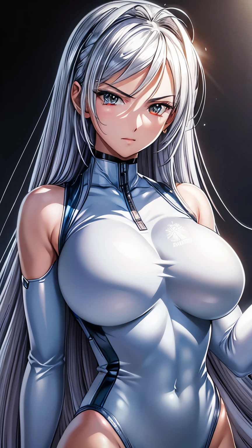 (masterpiece, best quality, ultra-detailed, highres, illustration:0.8), extremely detailed wallpaper, official art, amazing, high detail, ultra-detailed, extremely detailed 8k wallpaper,closed upper body, bright silver hair, (white background: 1.3), (1girl, solo),(bodysuit),sexy,perfect anatomy,beautiful face,big breasts, glaring,