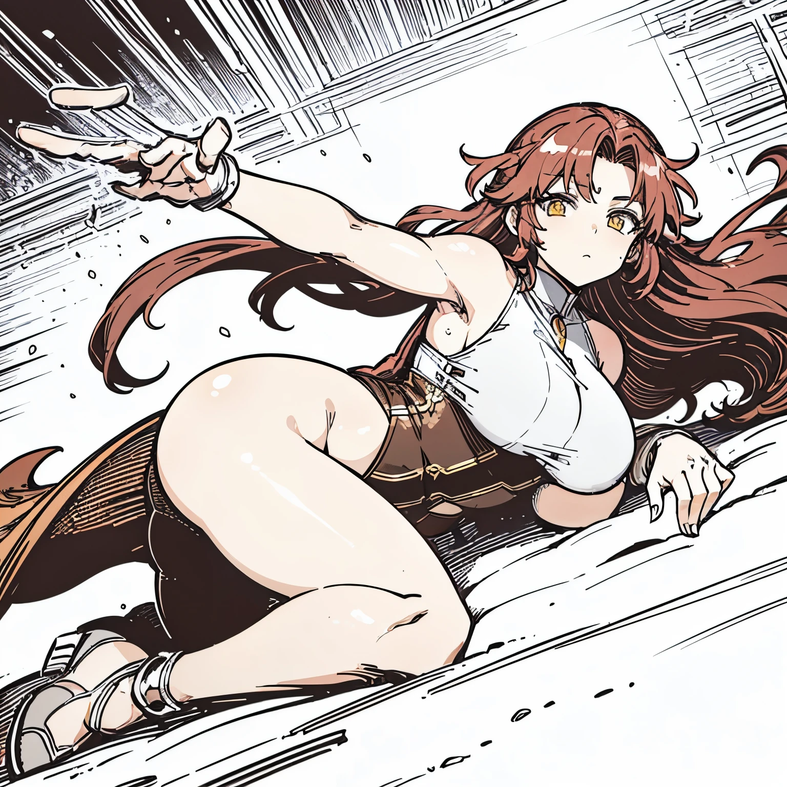 ((masterpiece,best quality)), Brown skin, yellow eyes, long red hair, big breasts, big hips, hair between eyes, hair flares out, 1girl, solo, brown-skinned female, red-haired female, front view, plump thighs, ponytail, bodysuit