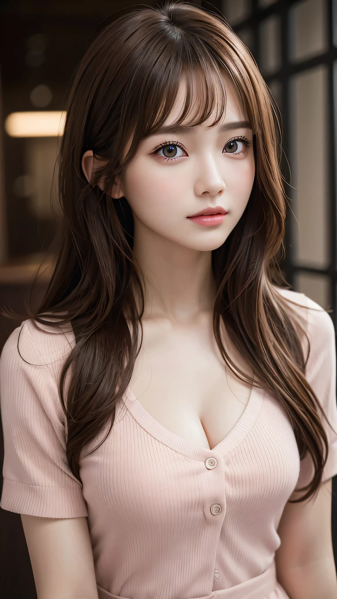 ((1girl)), ((Best Quality)), (Ultra-detailed), (extremely detailed CG unified 8k wallpaper), Highly detailed, High-definition raw color photos, Professional Photography, Peanut butter brown hair, Amazing face and eyes, Pink eyes, (amazingly beautiful girl), School, 