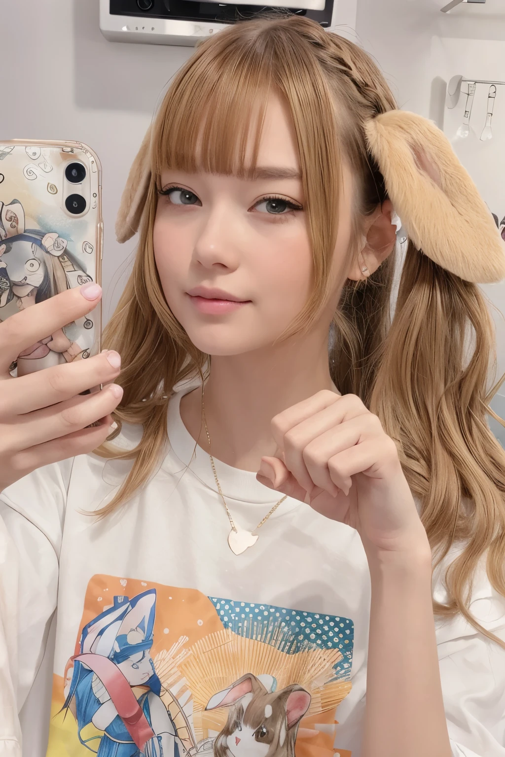 There is a girl who has a cell phone in her hand, chica con orejas de gato, with long, floppy rabbit ears, peinado kawaii, dos colas, el corte de hime, anime chica con orejas de gato, dos colas hairstyle, Orejas de anime, peinado de coletas, con grandes orejas de conejo, con orejas de conejo, peinado kawaii, Rena nunen estilo 3/4