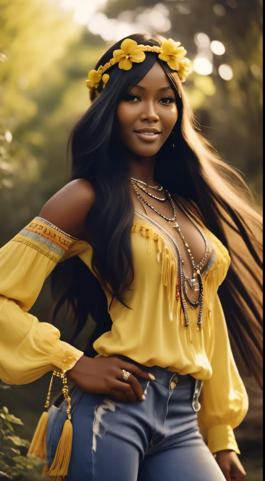 Foto hiperrealista en primer plano de Naomi Campbell, dressed in a tie-dye yellow yellow blouse paired with bell-bottom jeans and fringe accessories. She wears a headband or flower crown in her long, flowing hair. The setting is a bohemian-inspired outdoor music festival or a peaceful nature backdrop, capturing the free-spirited and laid-back vibe of the era 60Retro69Punch75, beautiful woman, skinny, medium breasts, black long hair, detailed face, smile, facing the camera, photo taken from a distance, age of 18 years old