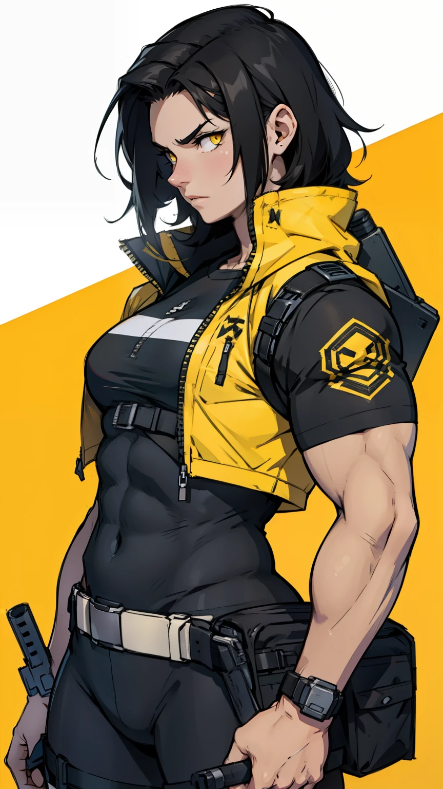 (High resolution), (in 8K), (Extreme Detail), (Best Illustration), (beautiful detail), (Best Quality), (masuter piece), ( Detailed face), (yellow jacket、black cargo pants), tan skin, full body、Training、zero suit samus, short white hair、poneyTail、 Realistic fantasy rendering, Realistic anime girl rendering, Full body portrait, (Big Breast: 1.4) popular in CGSTATION、、Sweating、Rough breath、angry look、no smile、hot air、a sultry、Looking at the camera