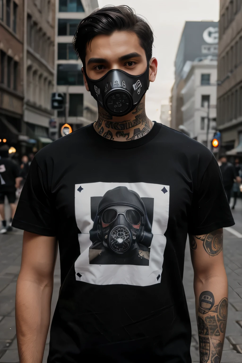 crie 10 homens's black streetwear t-shirts with gas mask print.