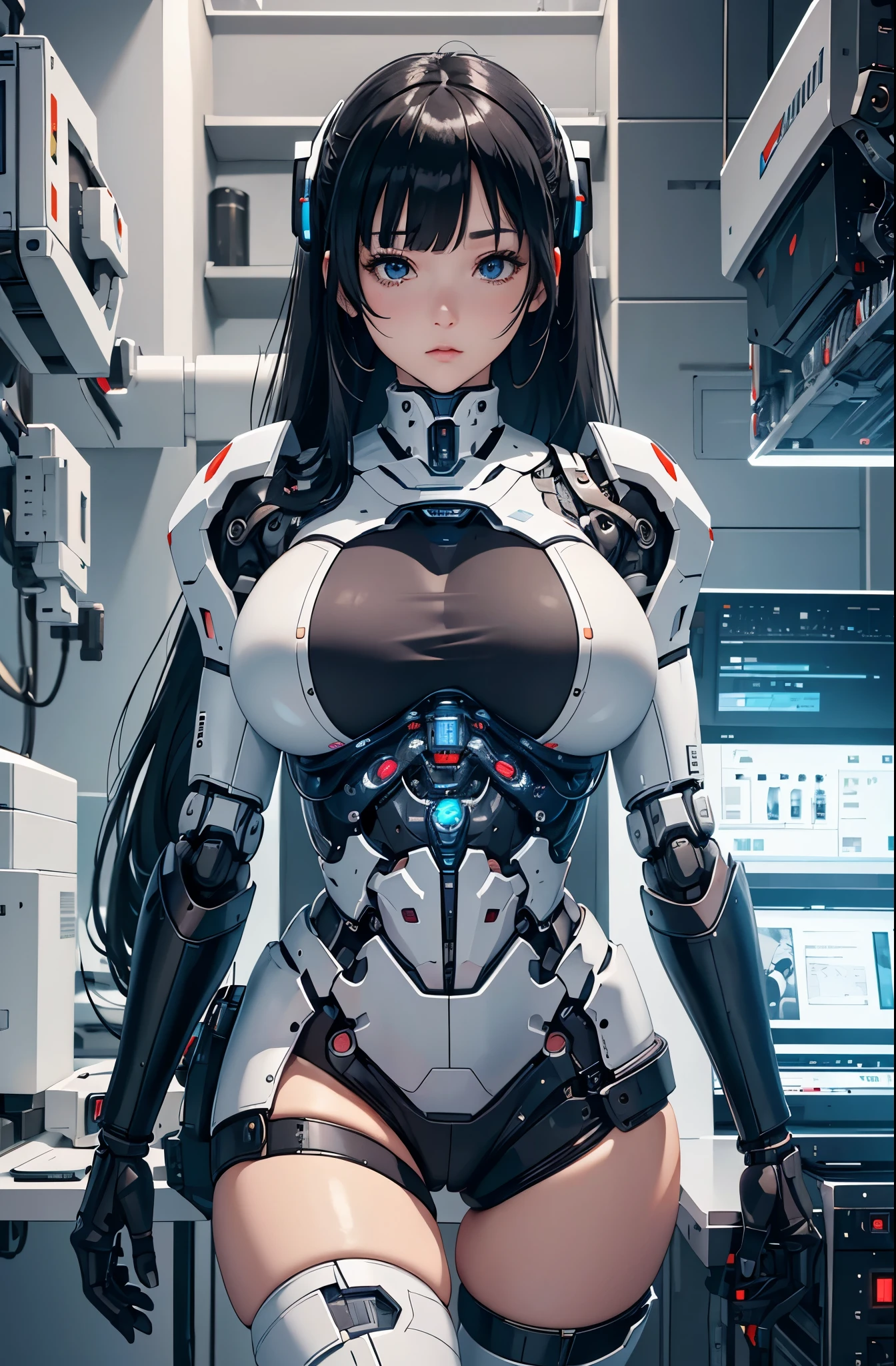 masterpiece, best quality, extremely detailed, (8K, 4K, Best Quality, hight resolution, 超A high resolution:1.1), 8k portrait, Japaese android Girl,Plump , Black hair,Mechanical body,Blunt bangs,White robotics parts,perfect robot woman,future laboratory,cyber pank,charging spot,laboratory,long tube,thick cable connected her neck,ceramic body ,perfect mechanical body, white robot body,android,robot humanoid,black sponge joints,The removable cover is in the groin,The connection port is in the groin,opened chest panel,access panel on the chest,white machine body,white robot body,white ceramic breast,perfect plastic breast,She has repaired,assembly plant,miniskirt,black kneehighsocks,leather boots, 
