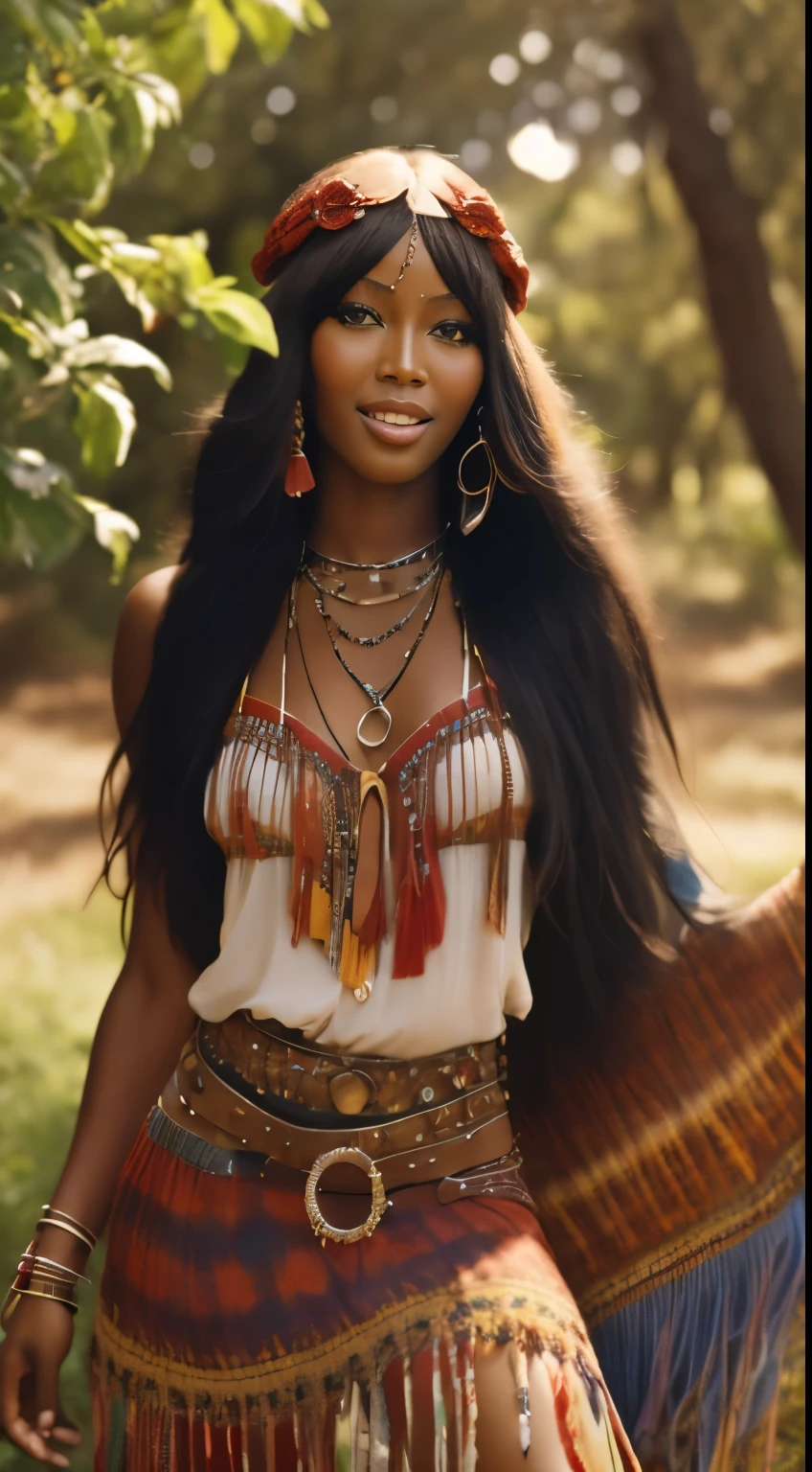 Foto hiperrealista en primer plano de Naomi Campbell, dressed in a tie-dye red blouse paired with red red skirt and fringe accessories. She wears a headband or flower crown in her long, flowing hair. The setting is a bohemian-inspired outdoor music festival or a peaceful nature backdrop, capturing the free-spirited and laid-back vibe of the era 60Retro69Punch75, beautiful woman, skinny, medium breasts, black long hair, detailed face, smile, facing the camera, photo taken from a distance, age of 18 years old