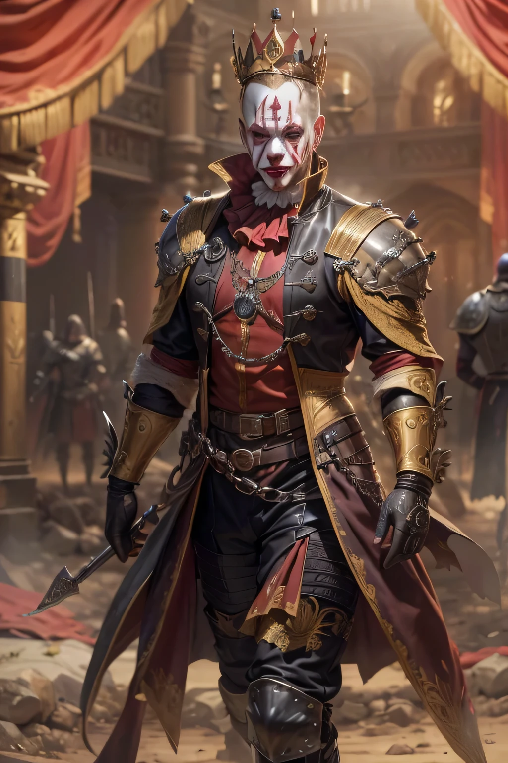 (masterpiece), best quality, expressive eyes, 1guy, a king, ram's horn helm on head,, ((holding in right hand bloody crown)), hybrid ((matador-clown outfit, leather outfit, intricated outfit, luxurious outfit, leather armoured gloves)), ((face war paint)), rusty, used, scratched,,
Medieval warfare background, dust, desert, knights.
Hyperdetailed artwork, perfect post production, high_res