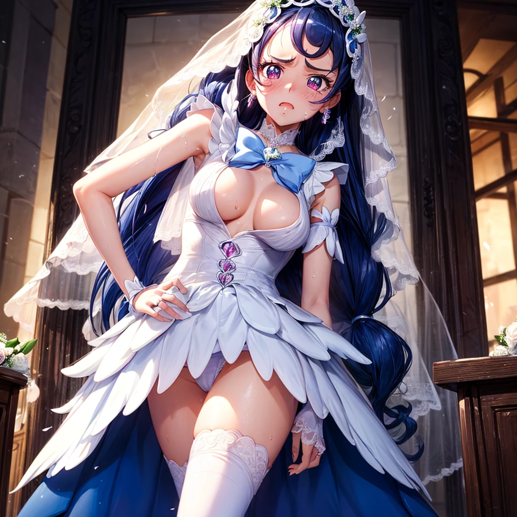 hight resolution, top-quality, ultra-quality, The ultra-detailliert, lighting like a movie、full of sweat、Wearing sweat、((((sexy precure wedding))))、、、(My whole body is sweaty、after sex、show off your pussy、not wearing underwear、accurate anatomy、beautiful nipples、angry face、blush、protest)、Obscene atmosphere、Front Camera Angle
