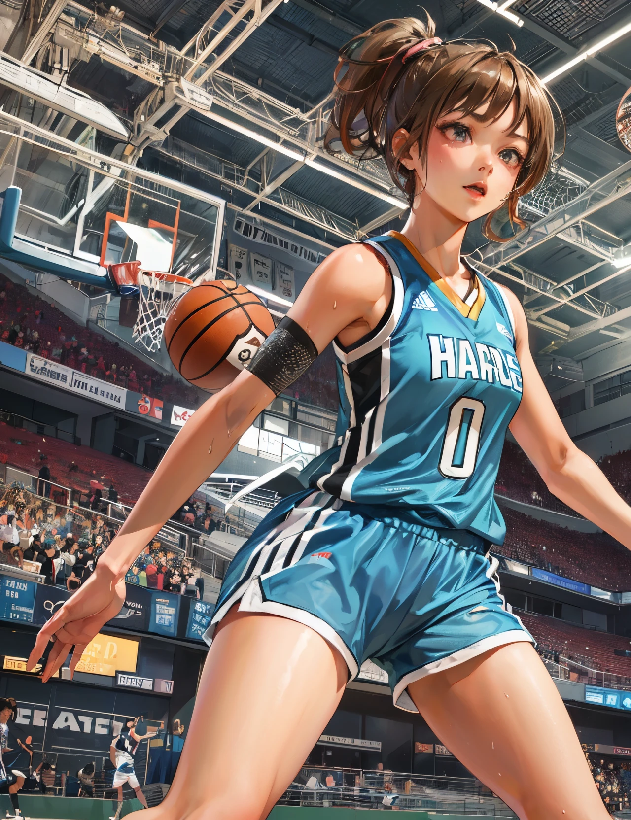high quality,hd,16k,sharp line,1girl,female basketball athlete ,cute face, middle breasts, nice legs, sweat,in basketball venue,focus girl,detailed beautiful face,detailed clothes,beautiful eyes,cool,dynamic angle