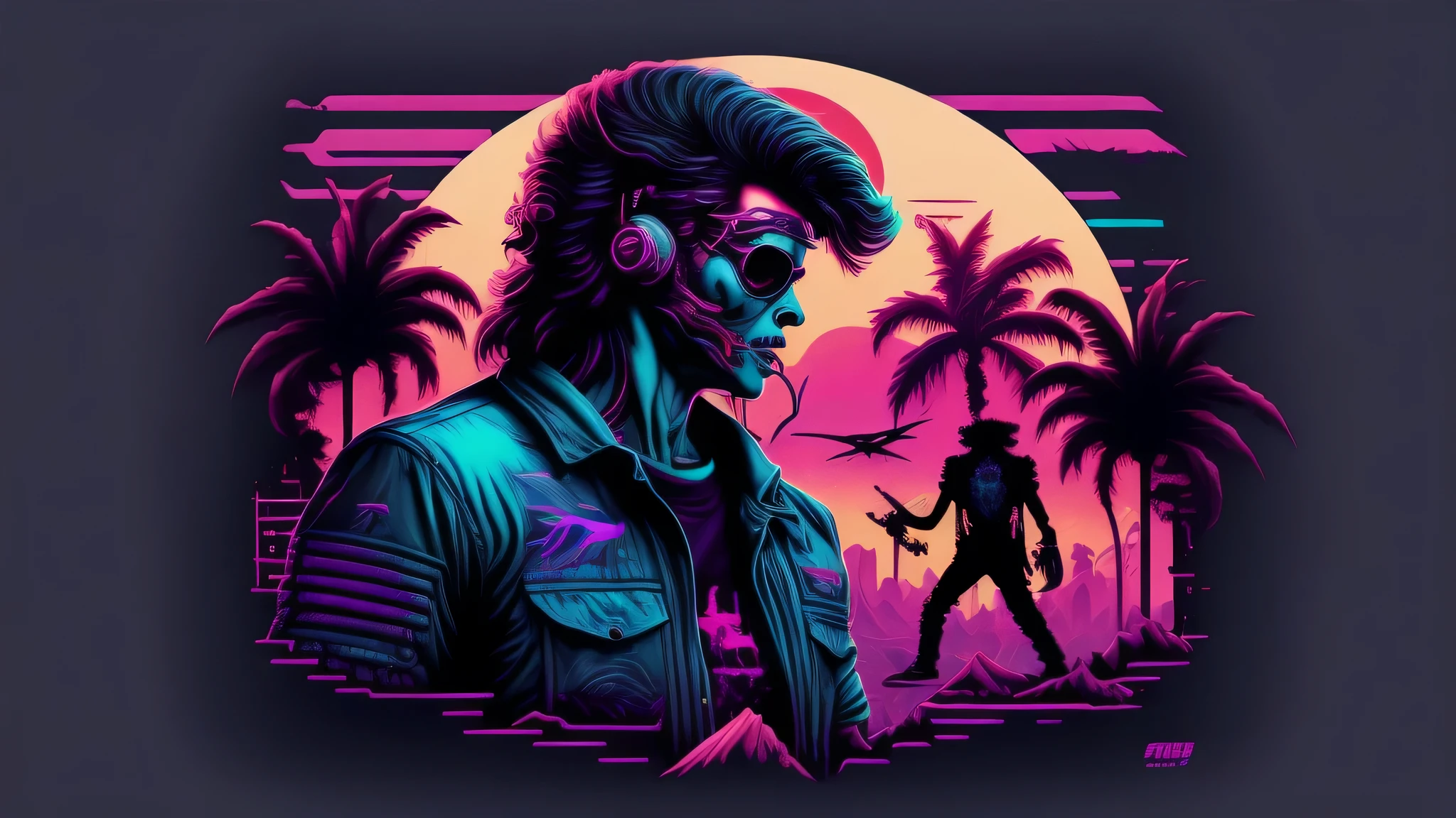 Synthwave zombie, masterpiece, sleeve pulp style, flat shading, solid background color, t-shirt design