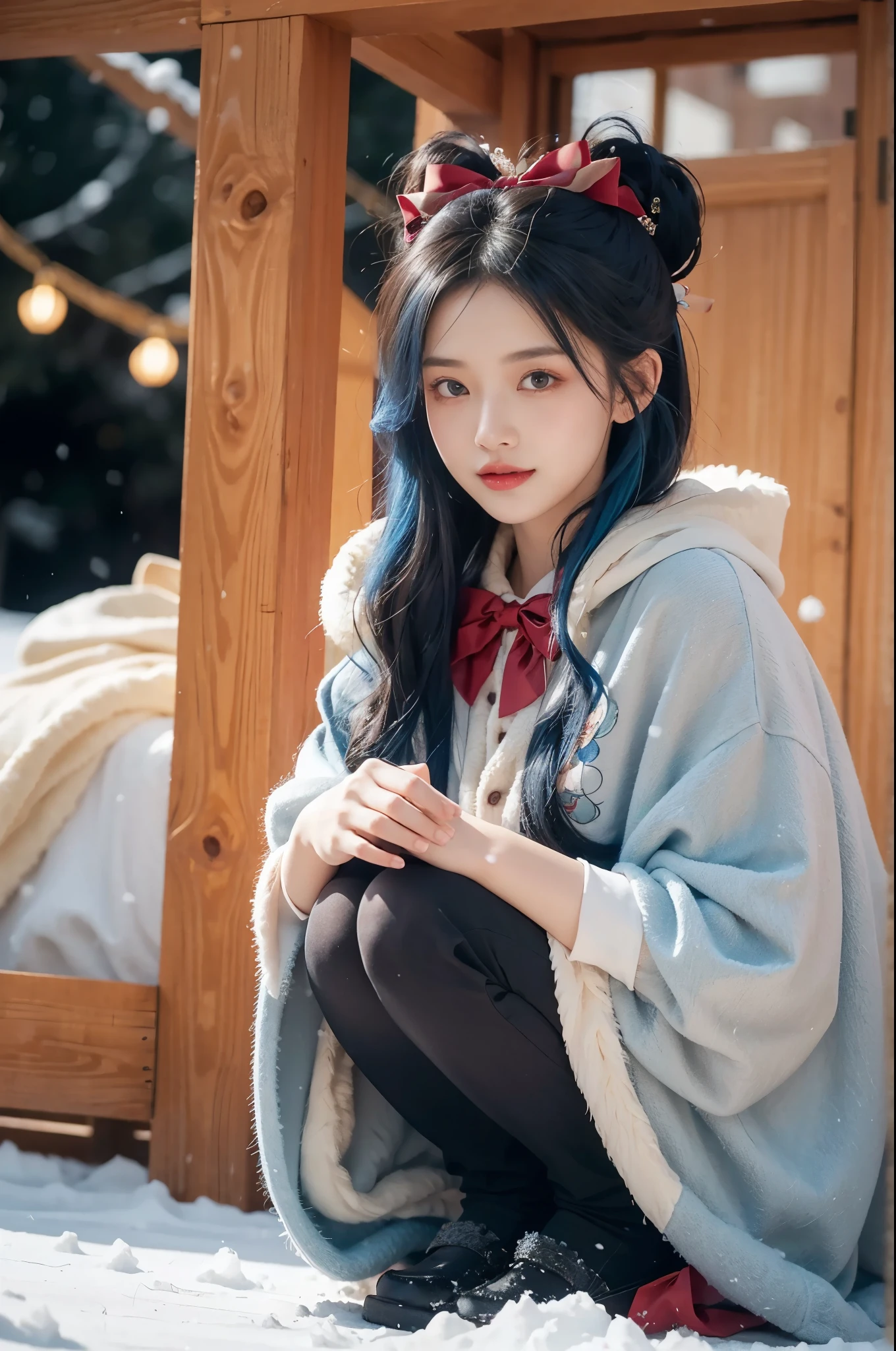 1 girl，hoody，fur cape，Blue hair，ssmile，Lolita costume，Extra-long hair，Red bow hair ornament，Squat and sit，The content is very detailed,center frame,Focus sharp,城市，natta，Snow resort，Blizzarding，luring，8K，tmasterpiece，winning artwork，