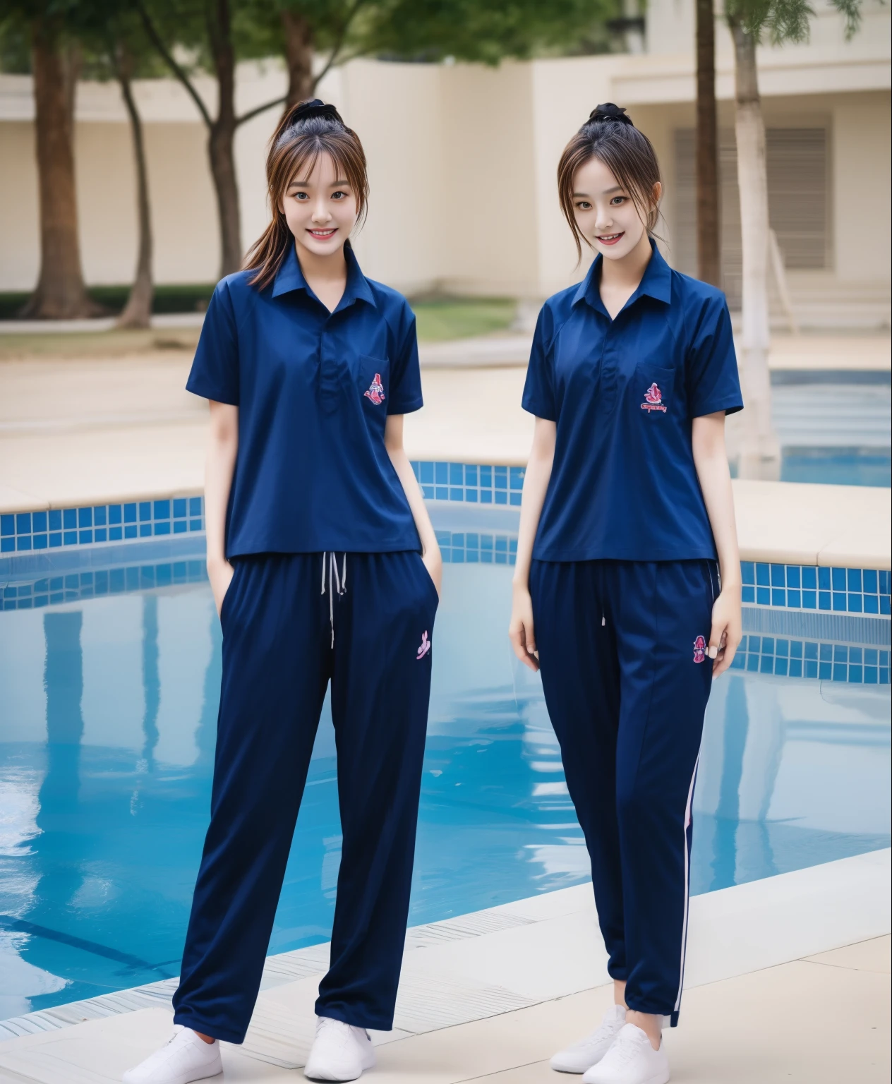 2 girls in the swimming pool, Navy blue short-sleeved shirt,Navy Long Trackpant,Sweatpants, Sweatpantsขายาว,25 year old girl, lesbian, sexy, exercise clothes, wet body